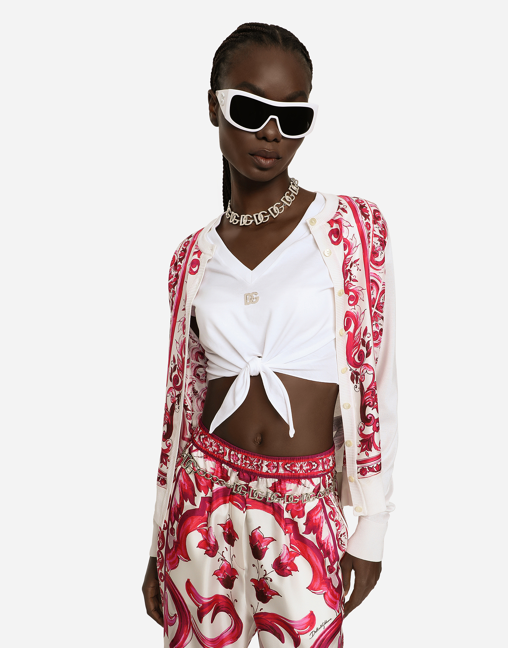 DOLCE & GABBANA MAJOLICA-PRINT SILK AND TWILL CARDIGAN