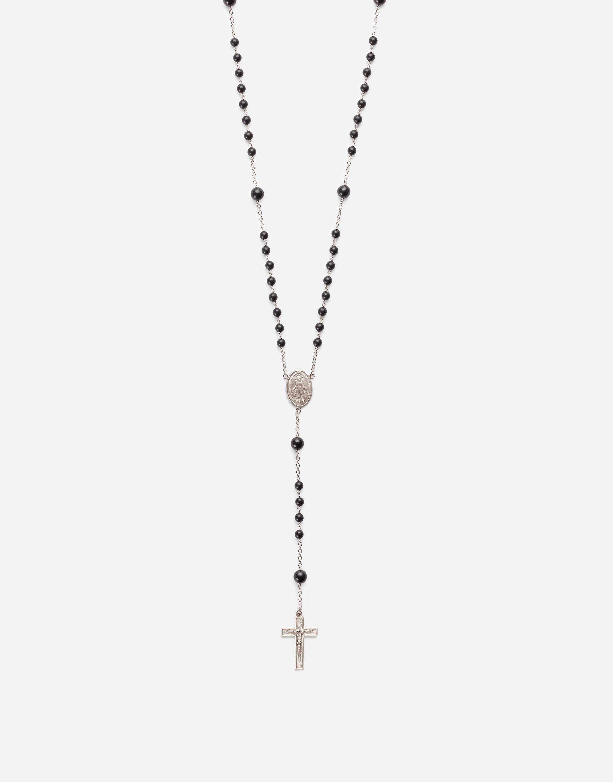 Shop Dolce & Gabbana White Gold Devotion Rosary Necklace With Black Jade Spheres In Palladium
