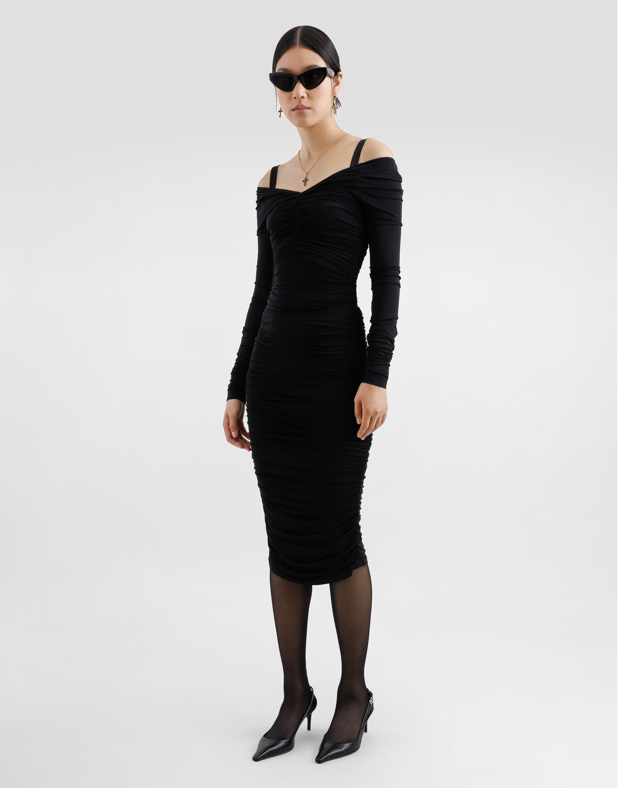 Dolce & Gabbana Organzine Draped Calf-length Dress In Black