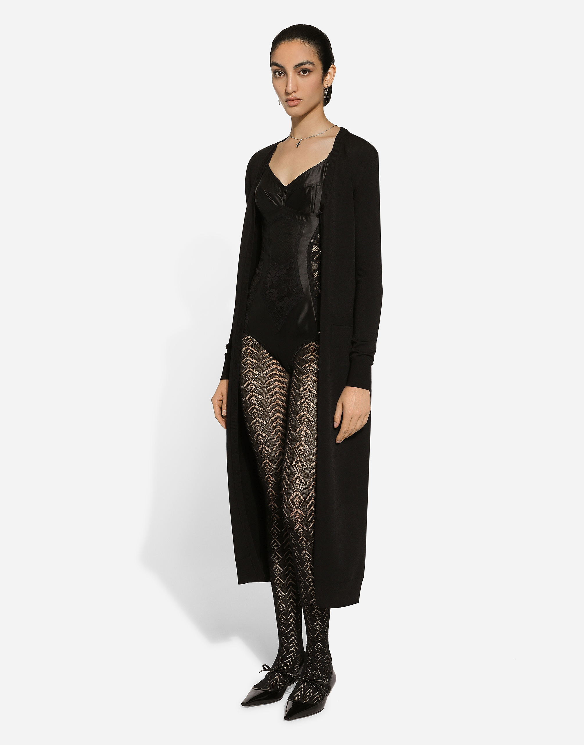 Dolce & Gabbana Long Stretch Viscose Knit Cardigan With Dg Logo In ブラック