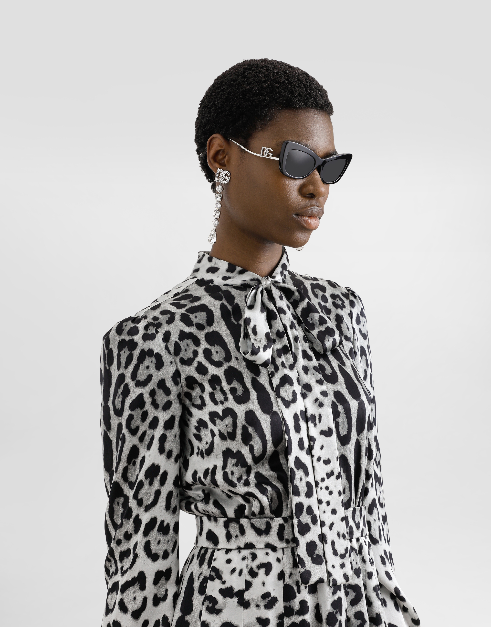 Dolce & Gabbana Satin Calf-length Shirt Dress With Pussy-bow And Leopard Print In Print