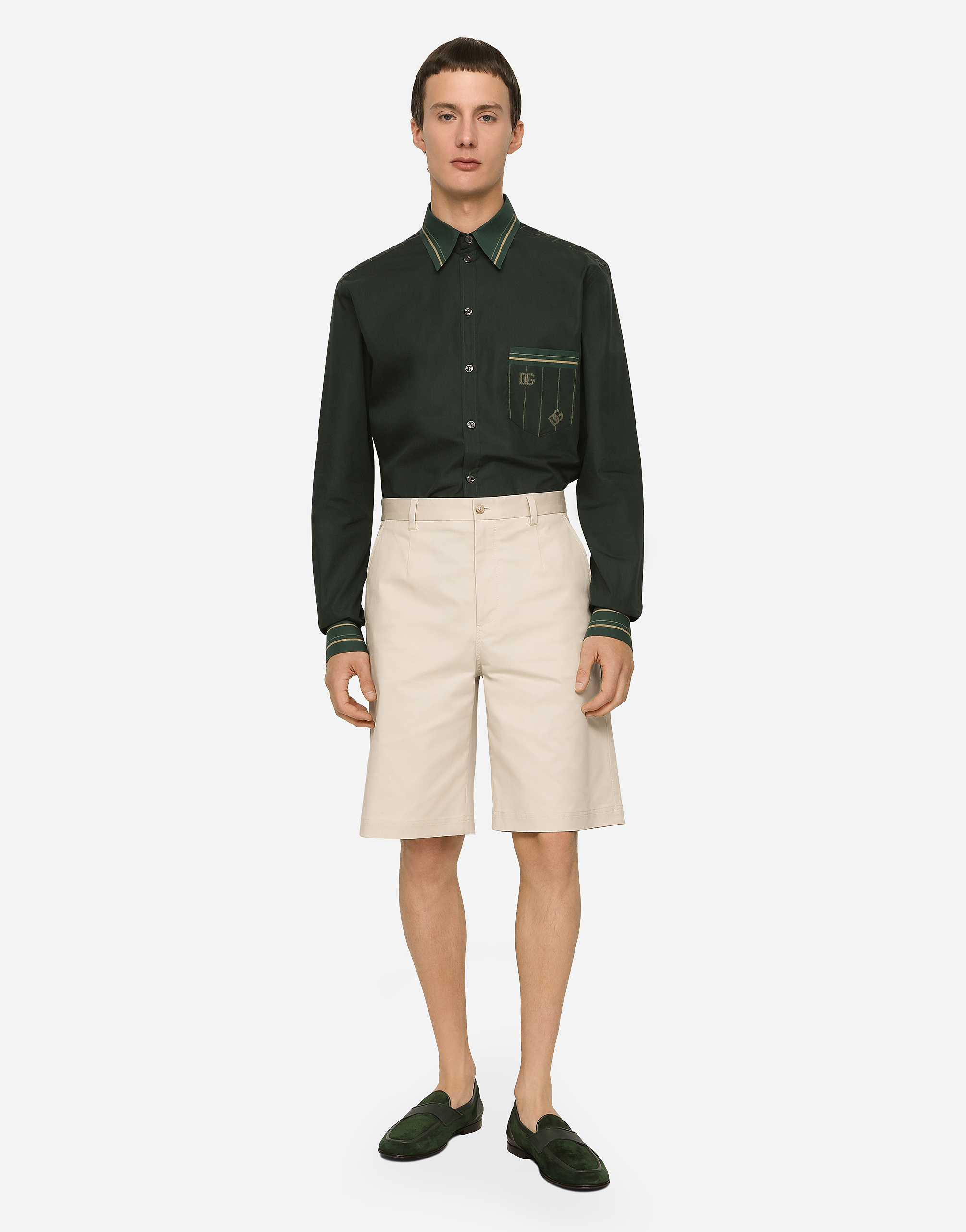 Dolce & Gabbana Stretch Cotton Shorts With Branded Tag In Beige