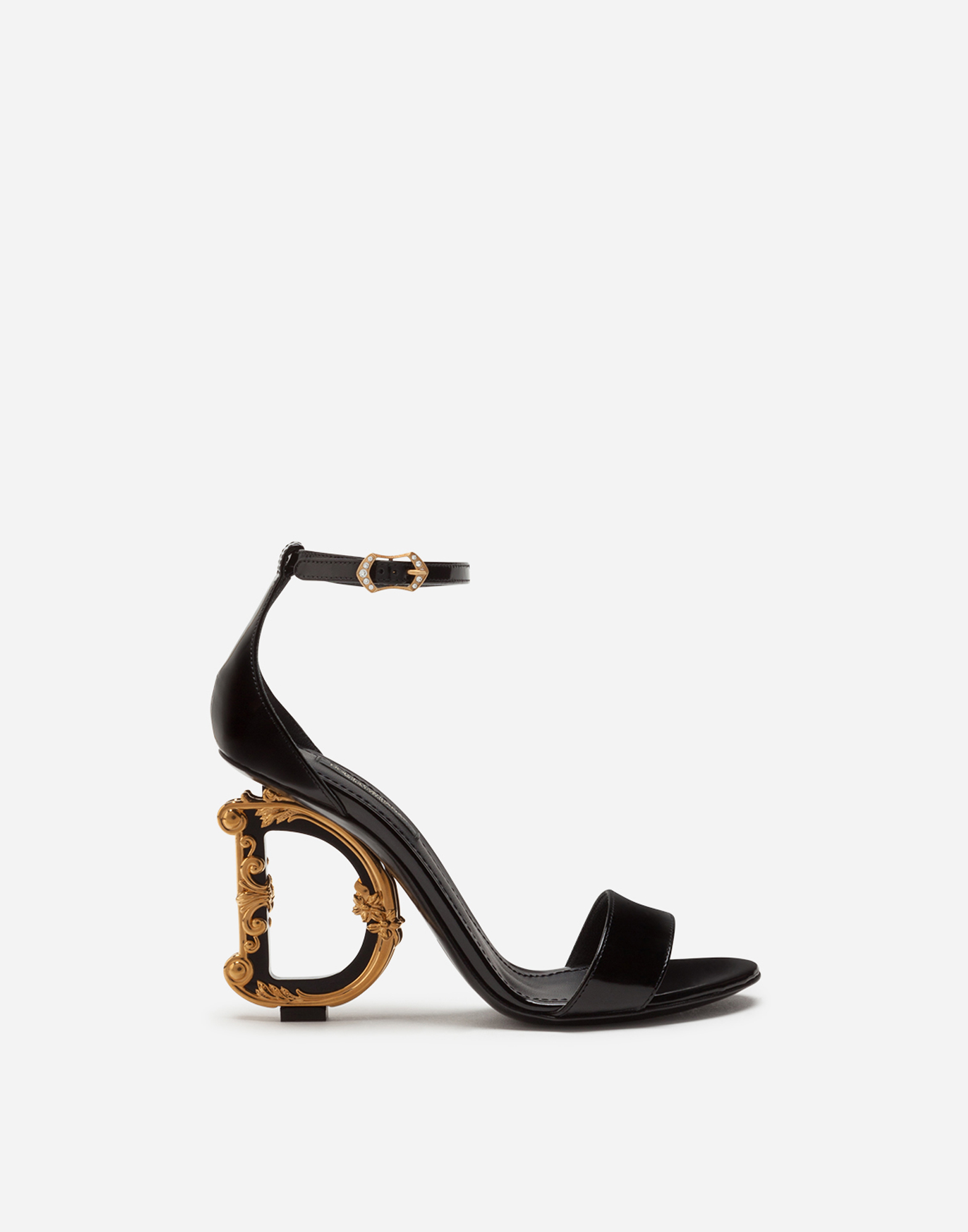 Dolce & Gabbana Polished Calfskin Sandals With Dg Baroque Heel In Black