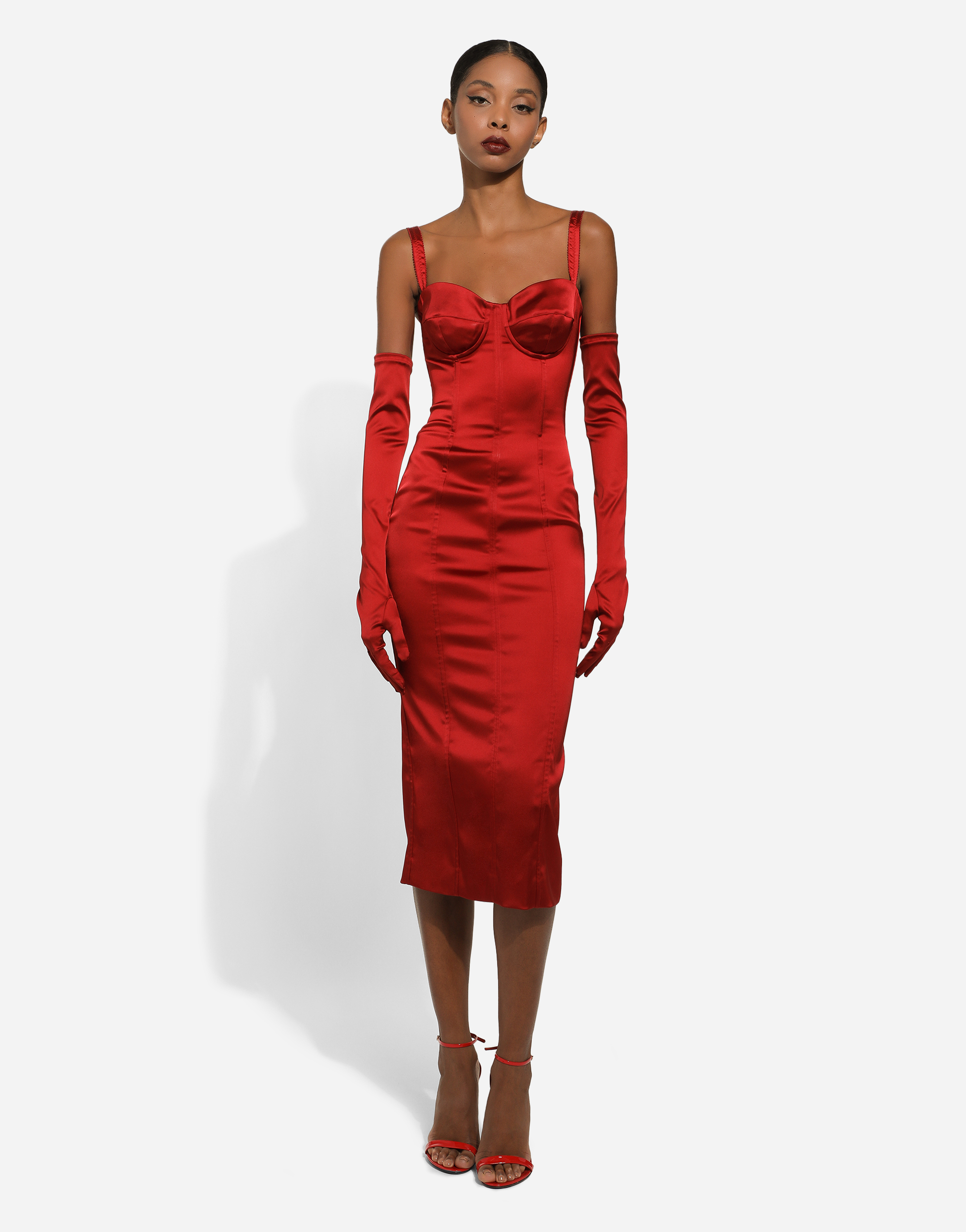Shop Dolce & Gabbana Satin Calf-length Dress With Corset Bustier In Red