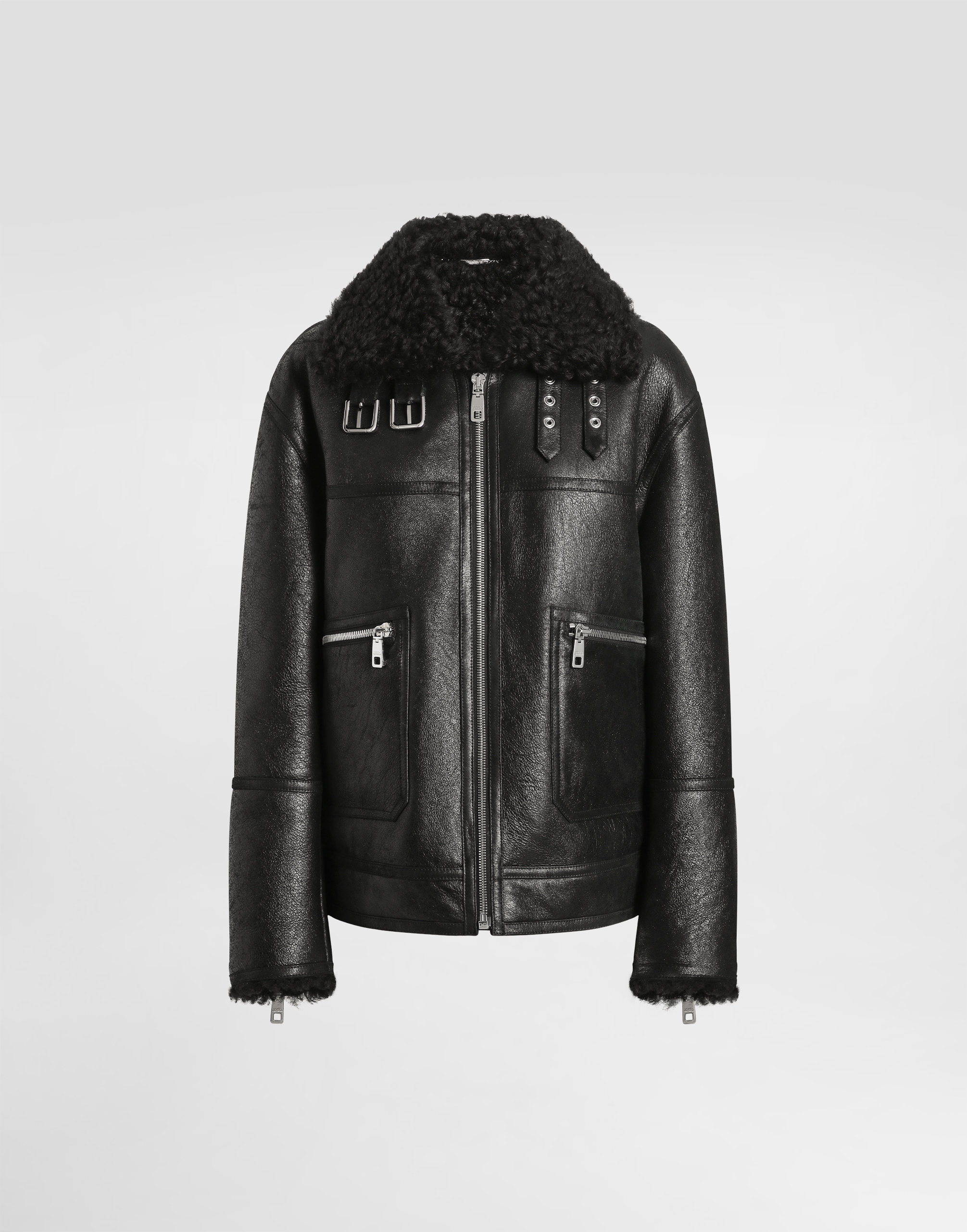Dolce & Gabbana Shearling-collar Leather Jacket In Blue