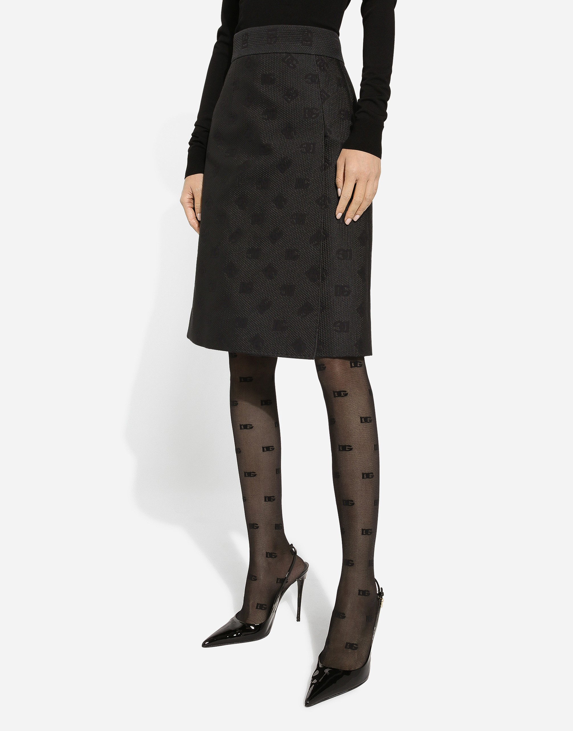 Dolce & Gabbana Quilted Jacquard Midi Skirt With Dg Logo In Black