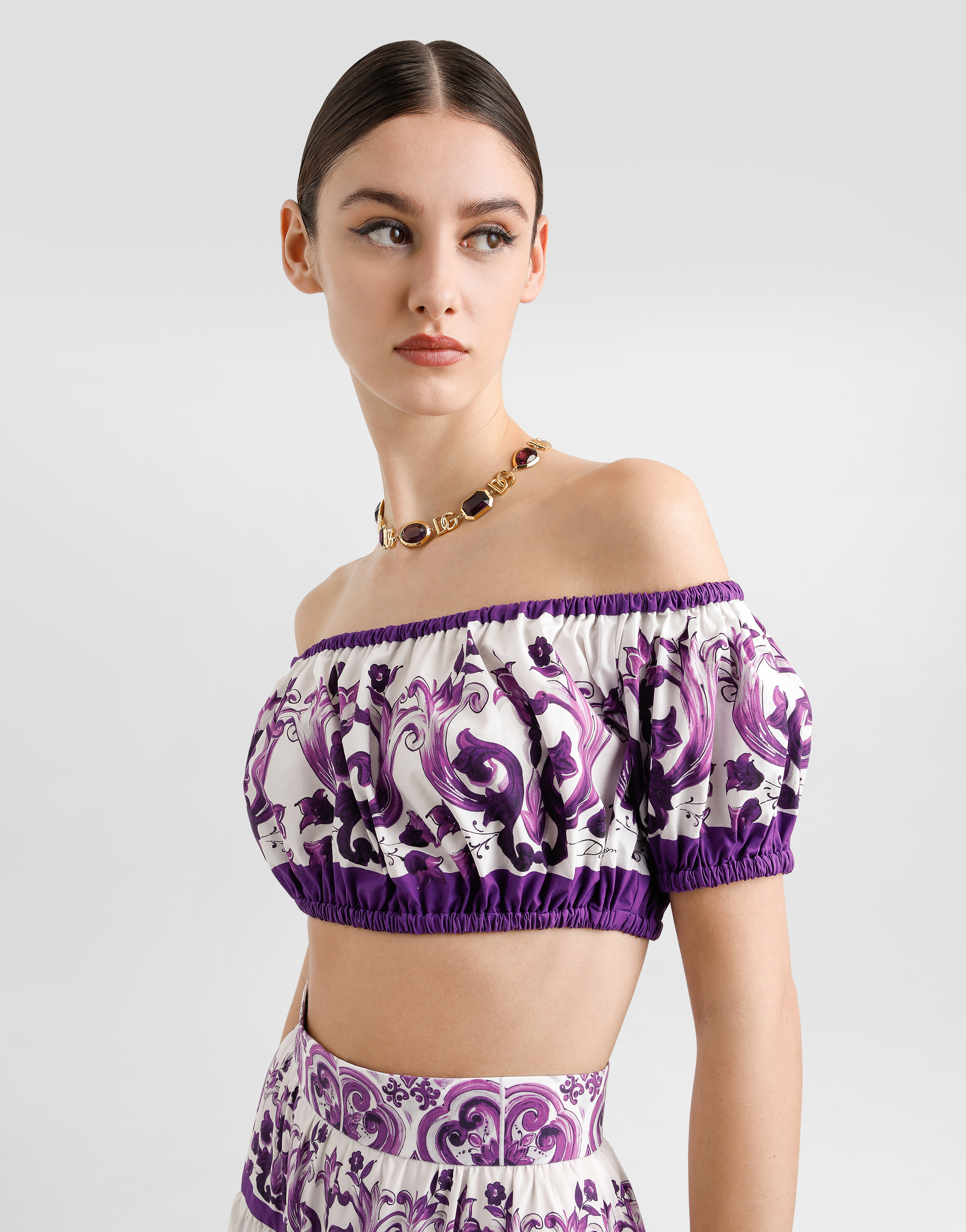 Dolce & Gabbana Violet Off-shoulder Cropped Top With All-over Floral Print In Cotton Woman