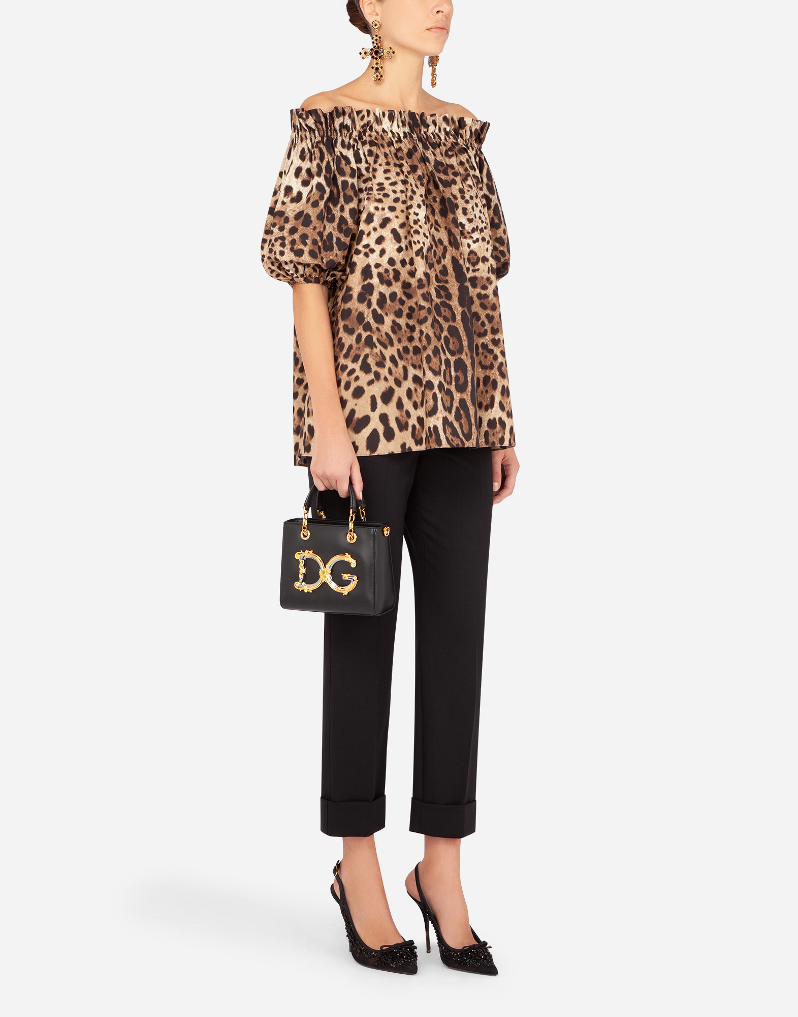 Short-sleeved leopard-print poplin top