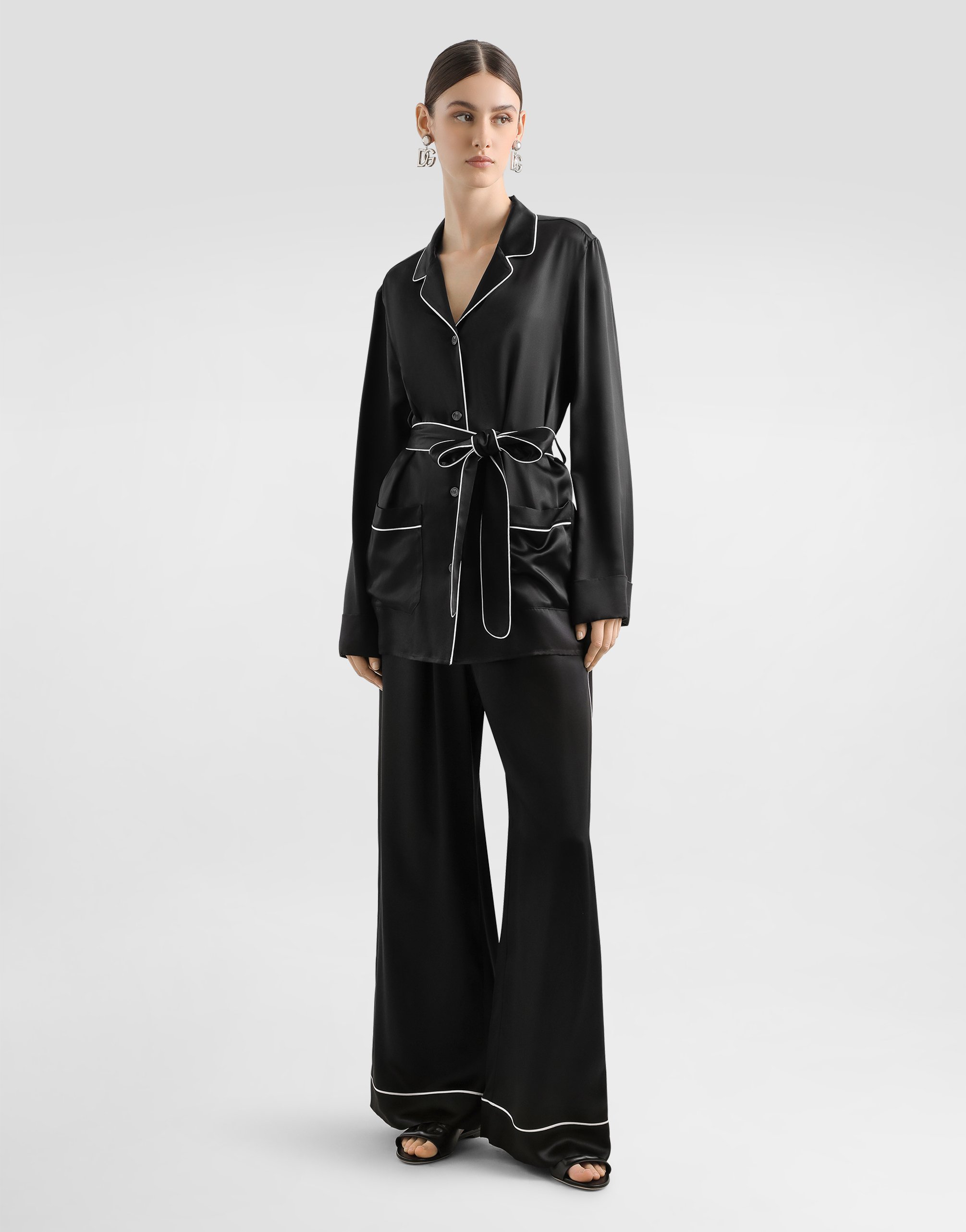 Silk pajama shirt with contrasting piping