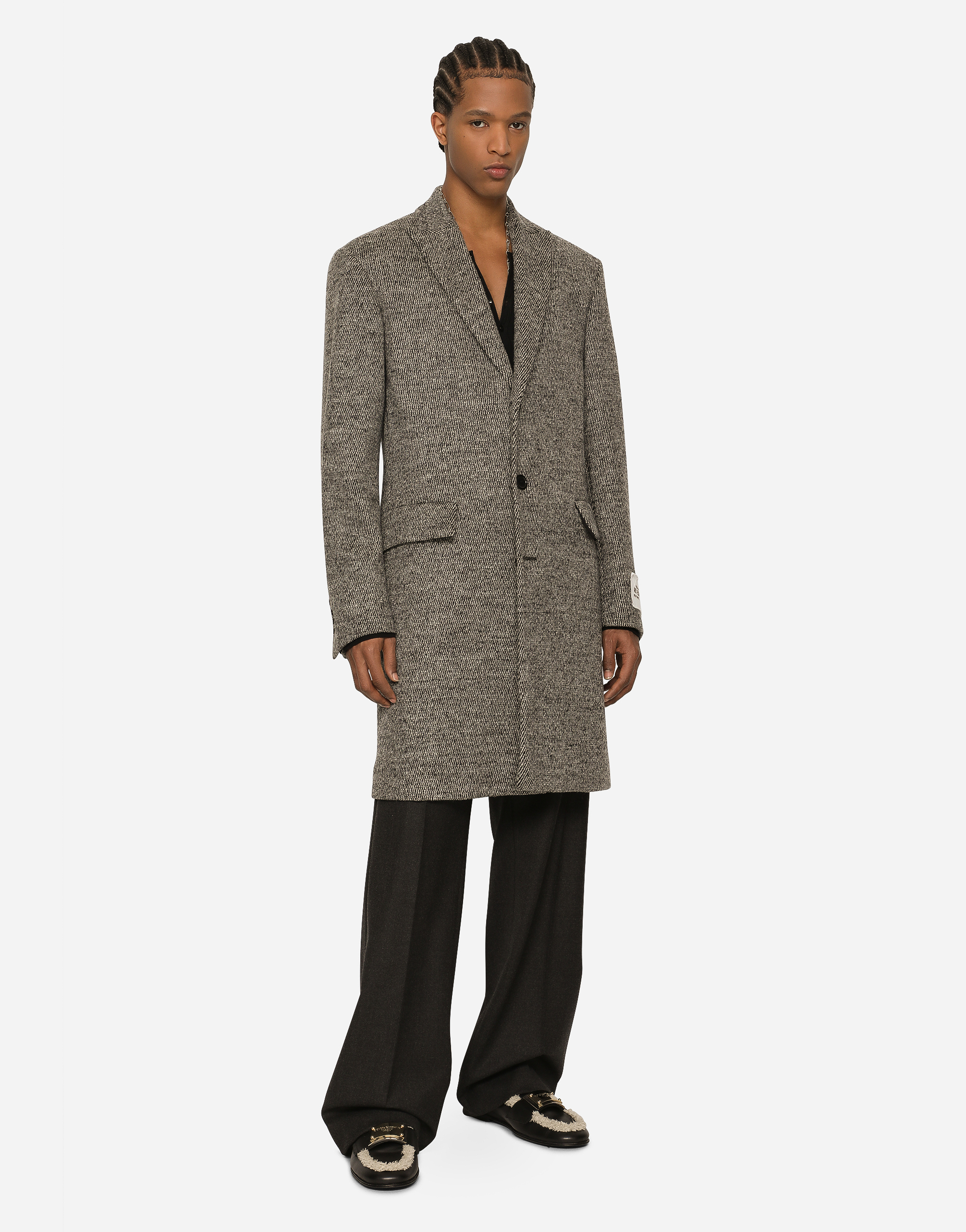 Single-breasted melange diagonal-weave wool coat