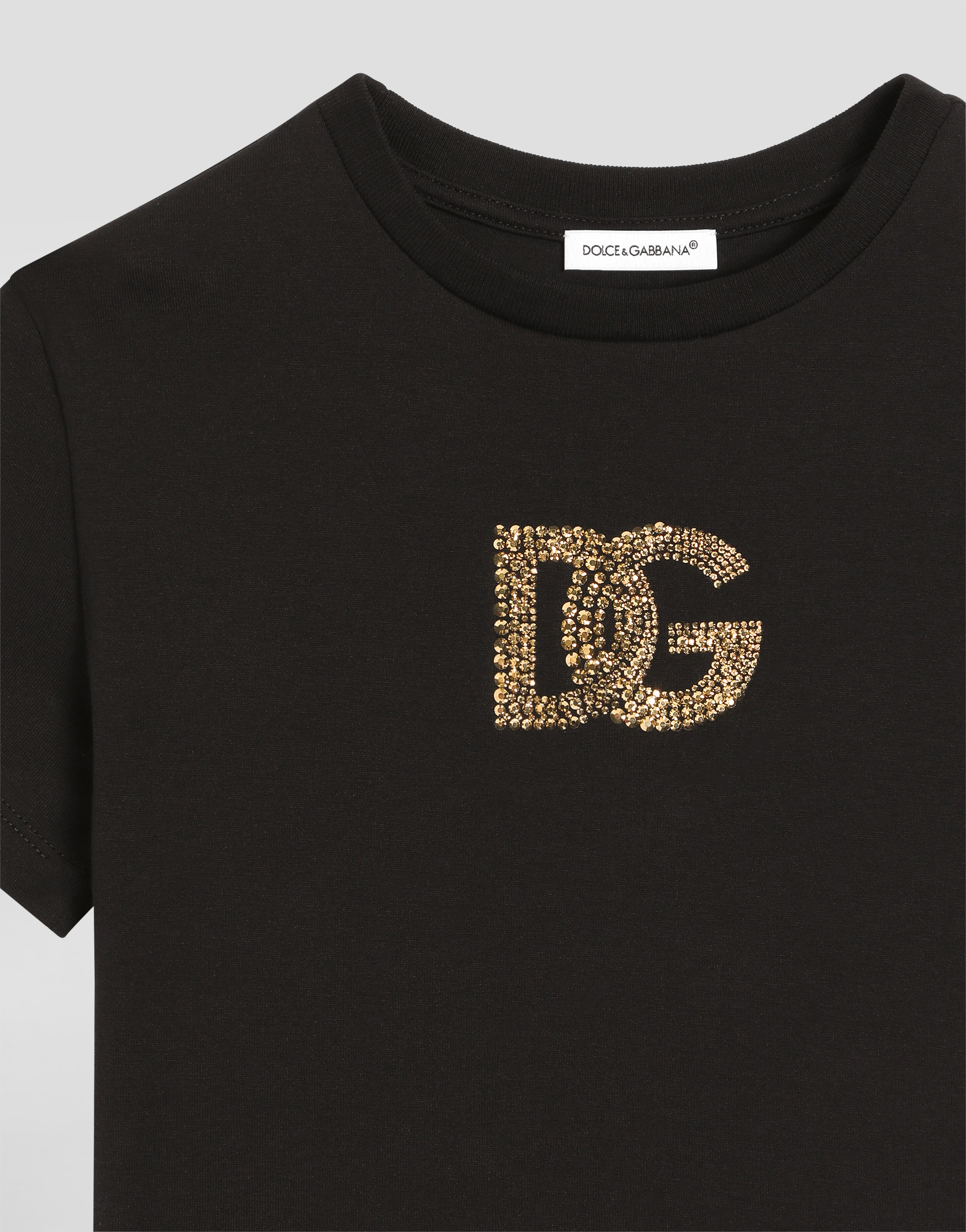  Dolce & Gabbana Dolce & Gabbana Jersey T-shirt With Rhinestones And Dg Logo - Woman T-shirts And Sweatshirts Black 4 Years 