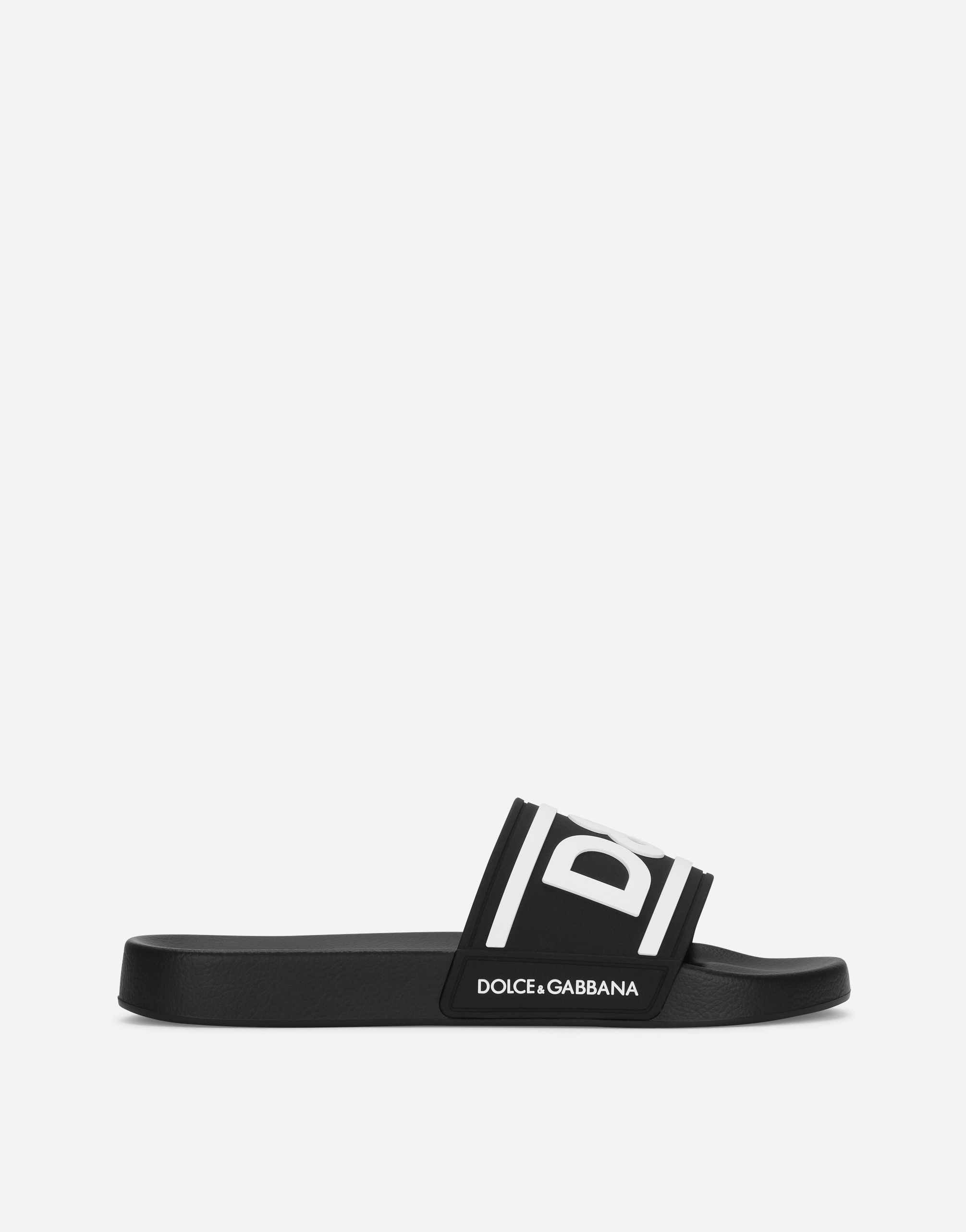 Dolce & Gabbana Rubber Beachwear Sliders With Dg Logo In Black/white