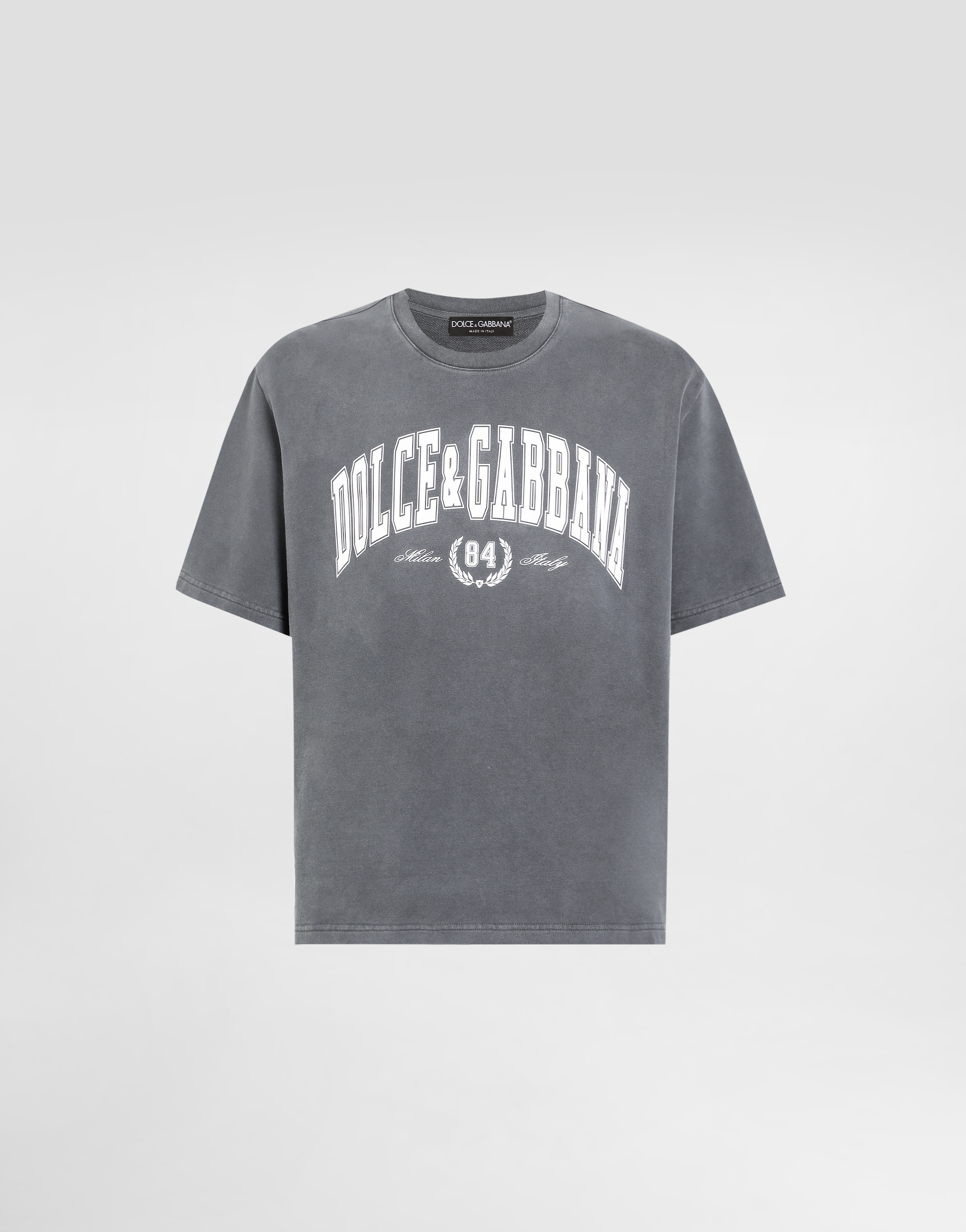 Dolce & Gabbana Men Dark Grey Crewneck T-shirt With Logo Lettering Print On The Front In Cotton Man In Gray