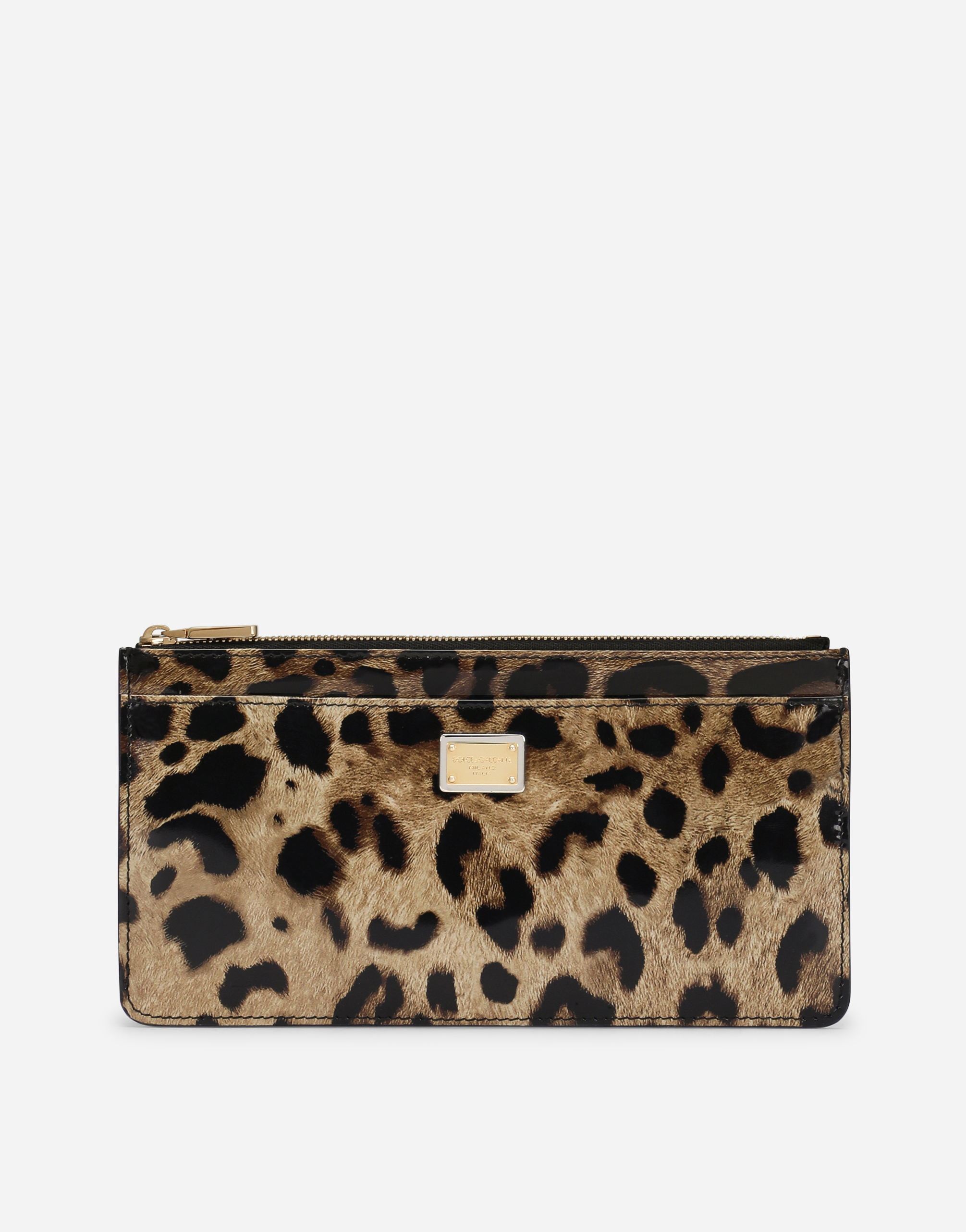 DOLCE & GABBANA LARGE POLISHED CALFSKIN CARD HOLDER WITH ZIPPER AND LEOPARD PRINT
