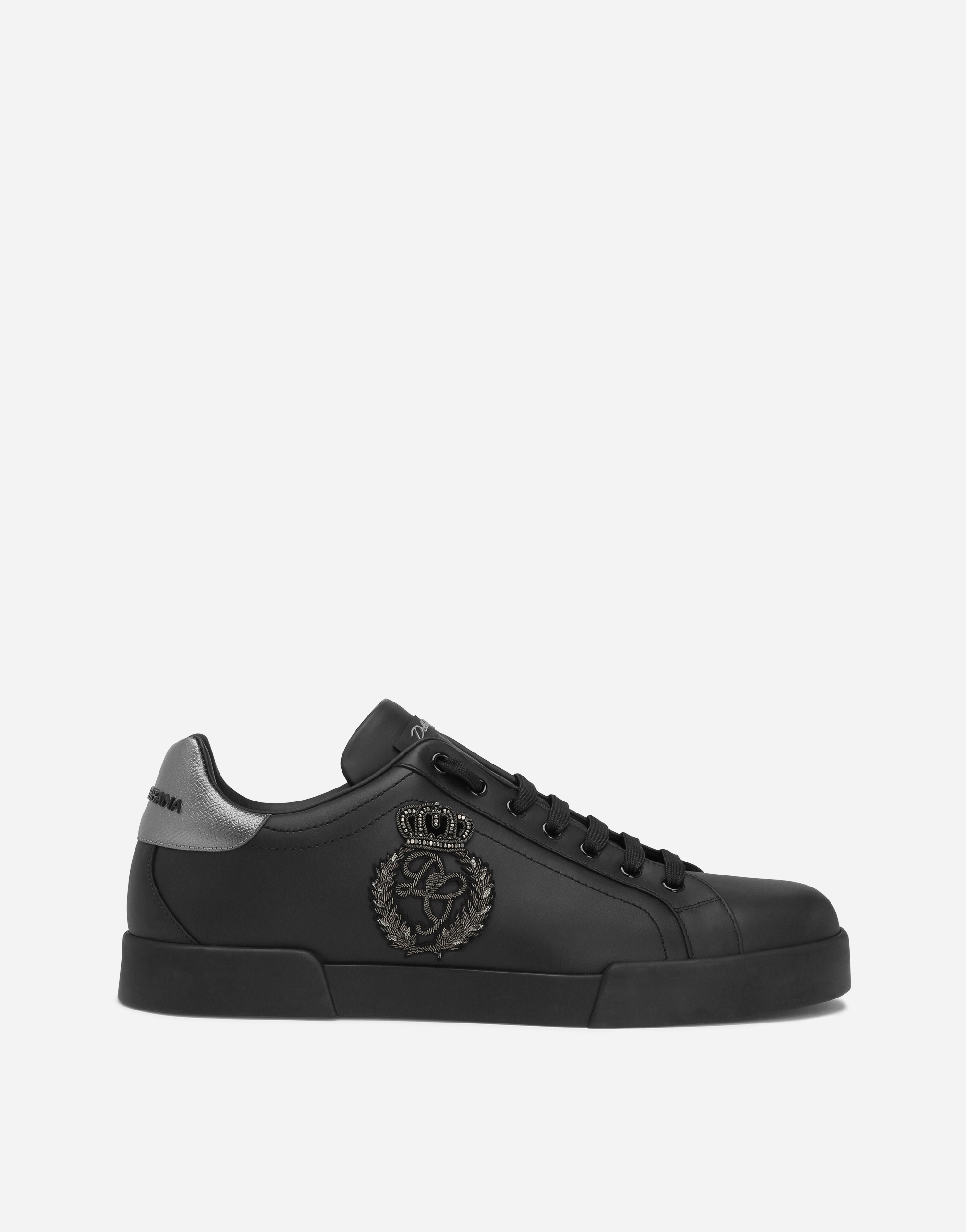 Dolce & Gabbana Calfskin Nappa Portofino Sneakers With Crown Patch In Black/silver