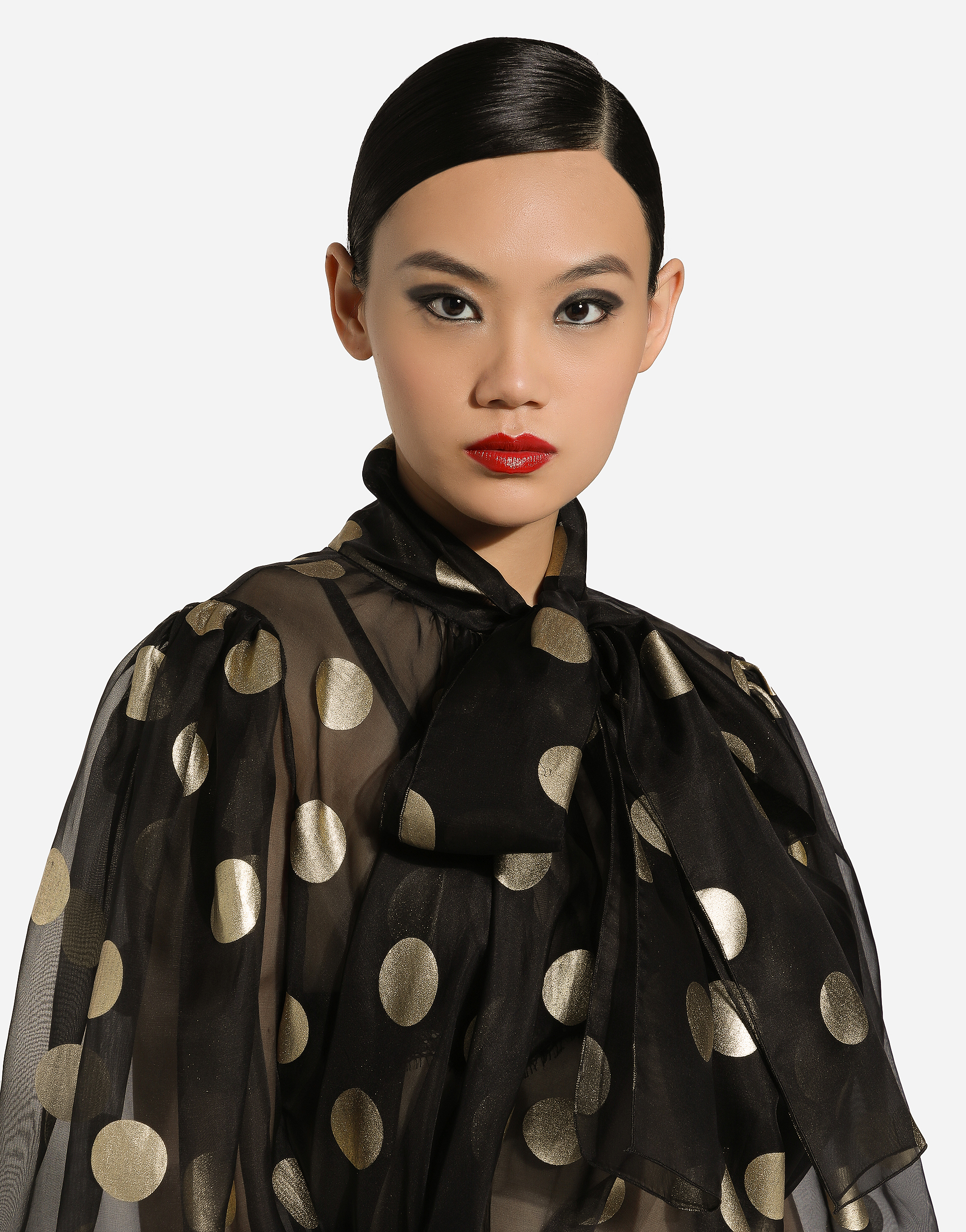 Silk organza jacquard blouse with polka-dot design and pussy-bow