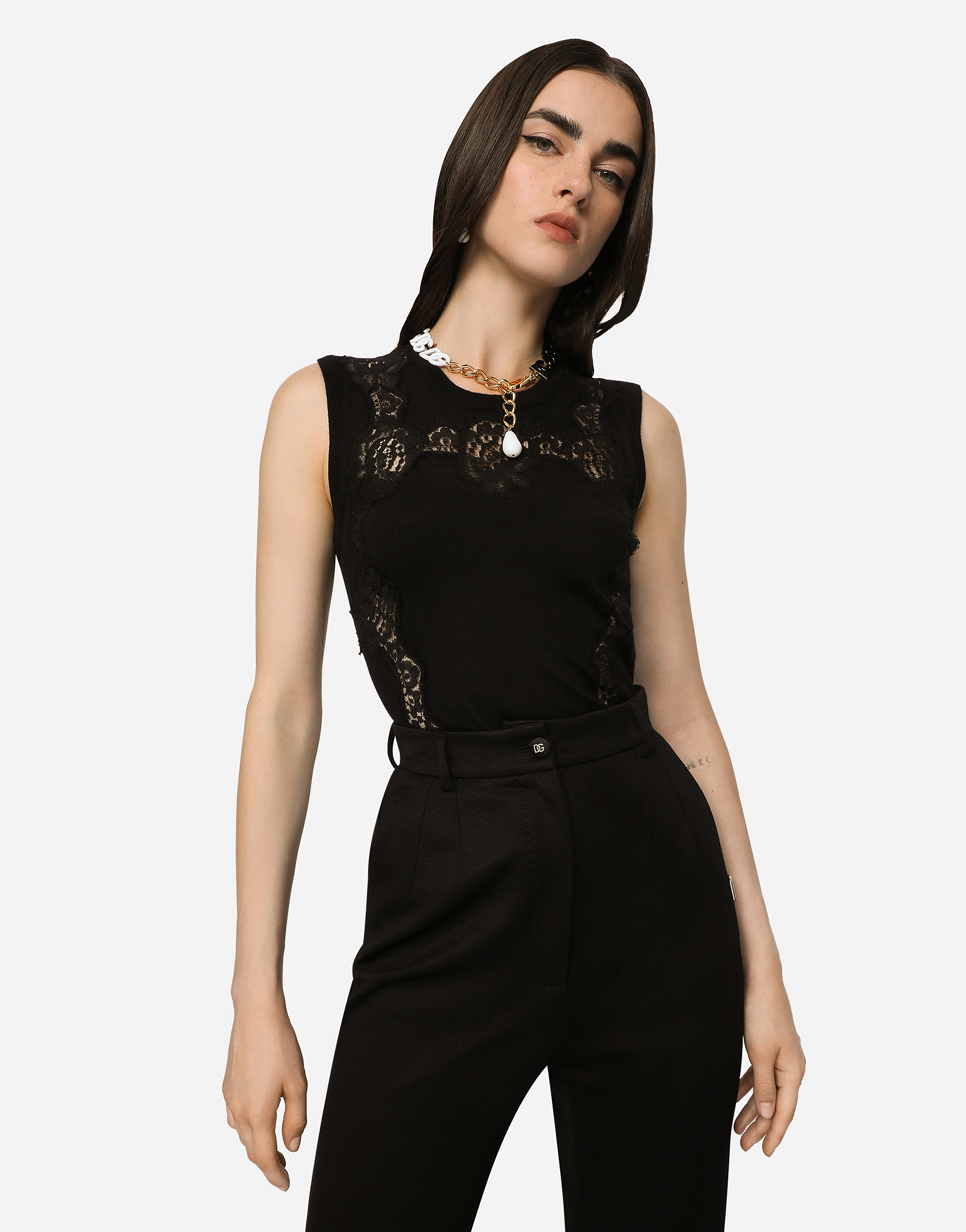 Dolce & Gabbana Cashmere And Silk Sweater With Lace Inlay In Black