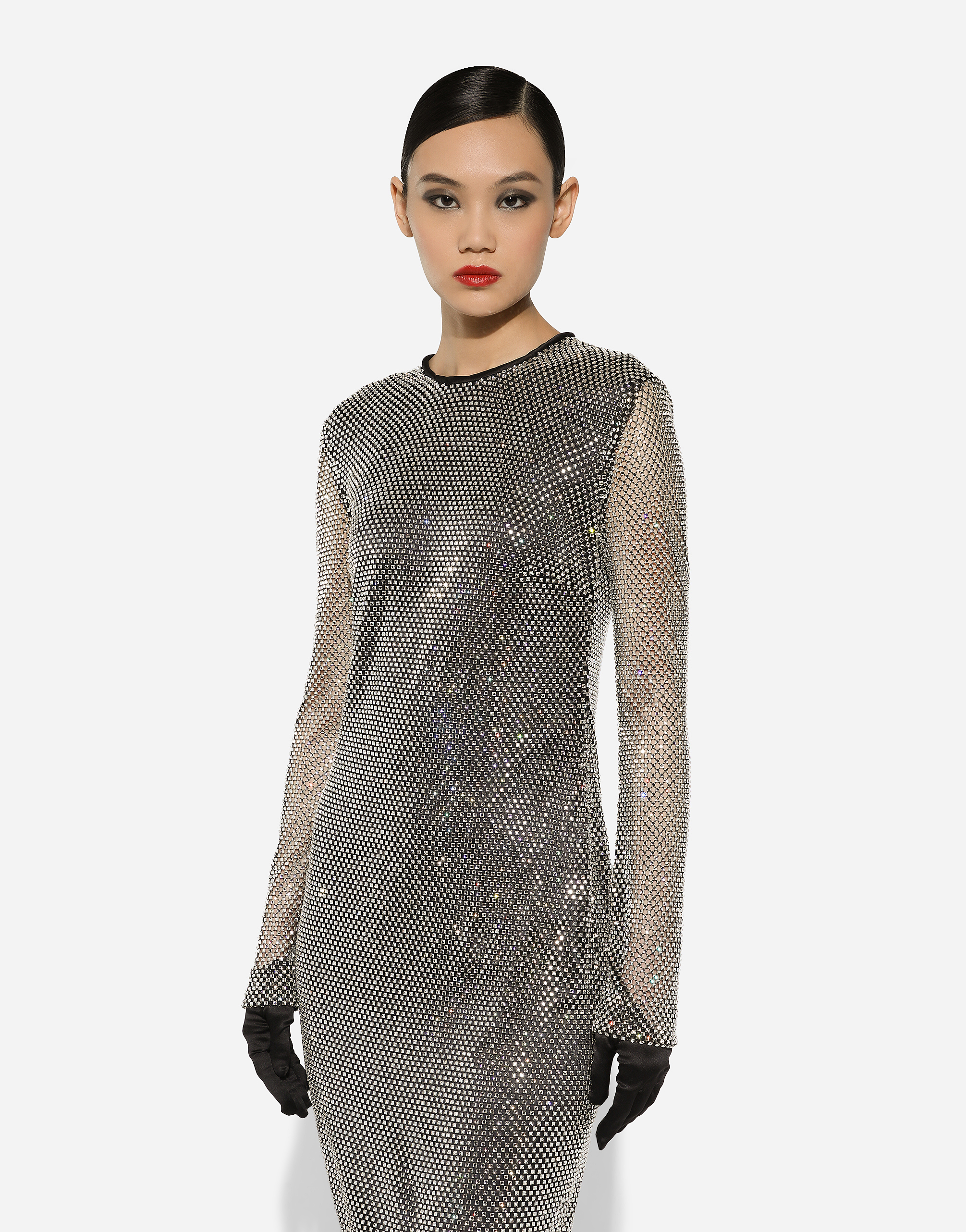 Dolce & Gabbana Long Crystal Mesh Dress In Silver