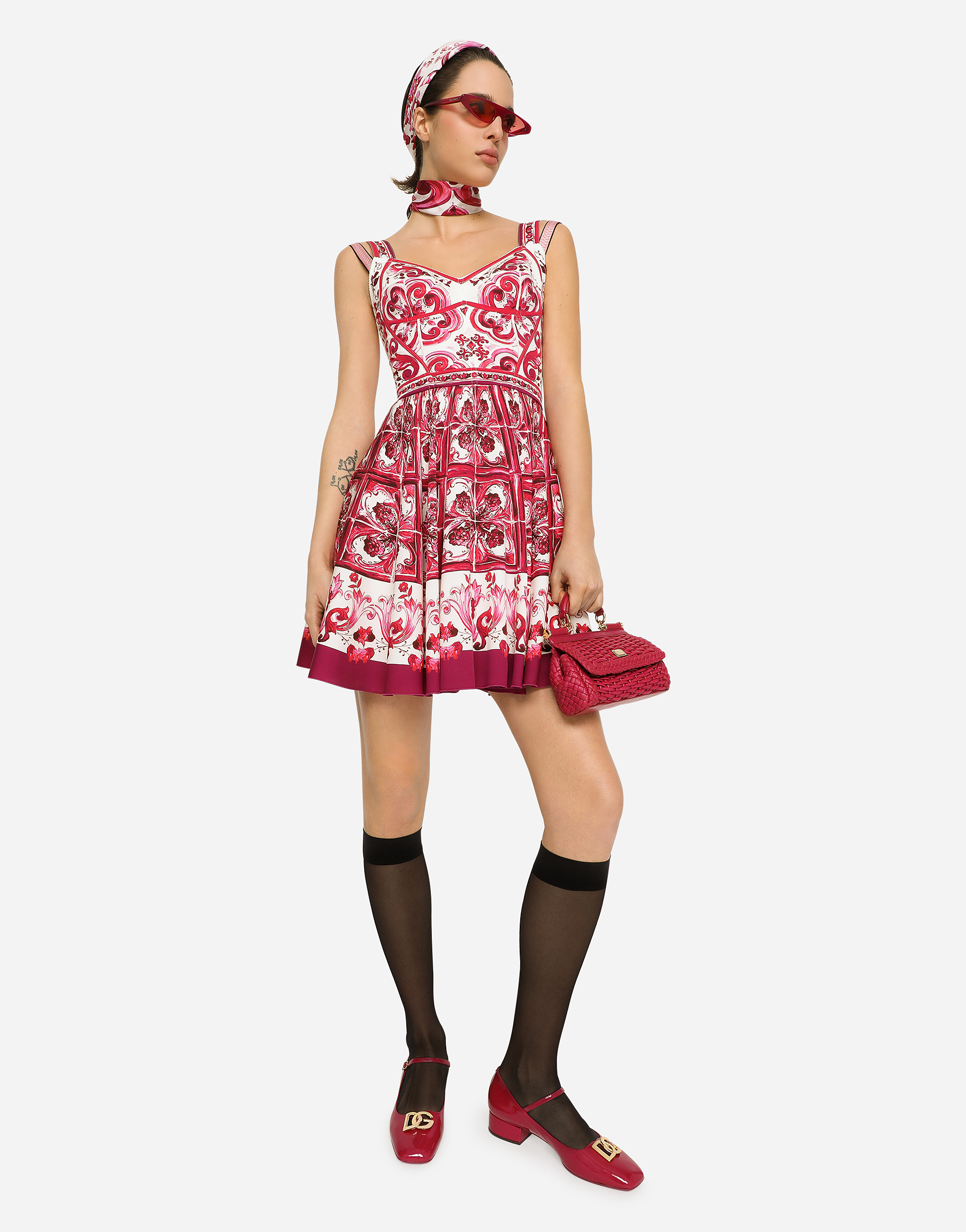 DOLCE & GABBANA SHORT MAJOLICA-PRINT CHARMEUSE BUSTIER DRESS