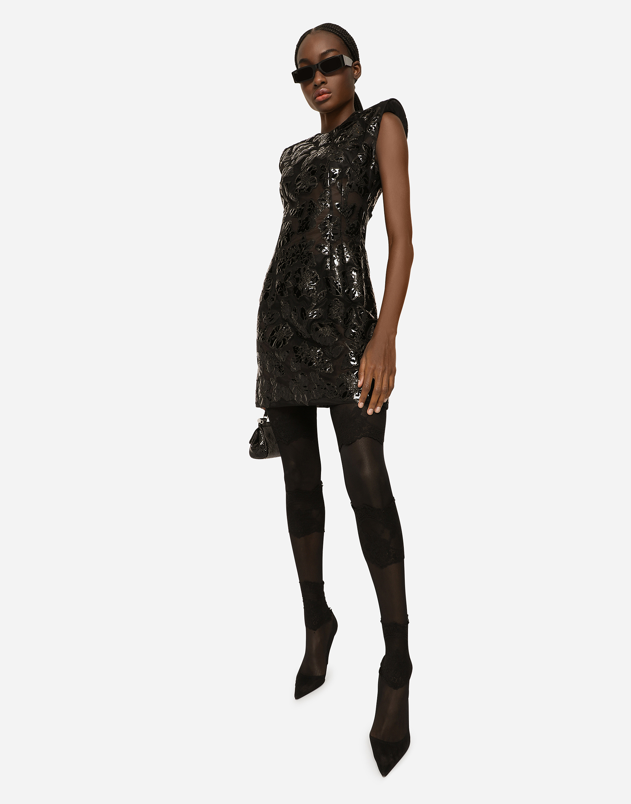 DOLCE & GABBANA SHORT MARQUISETTE DRESS WITH PATENT FLORAL EMBELLISHMENT