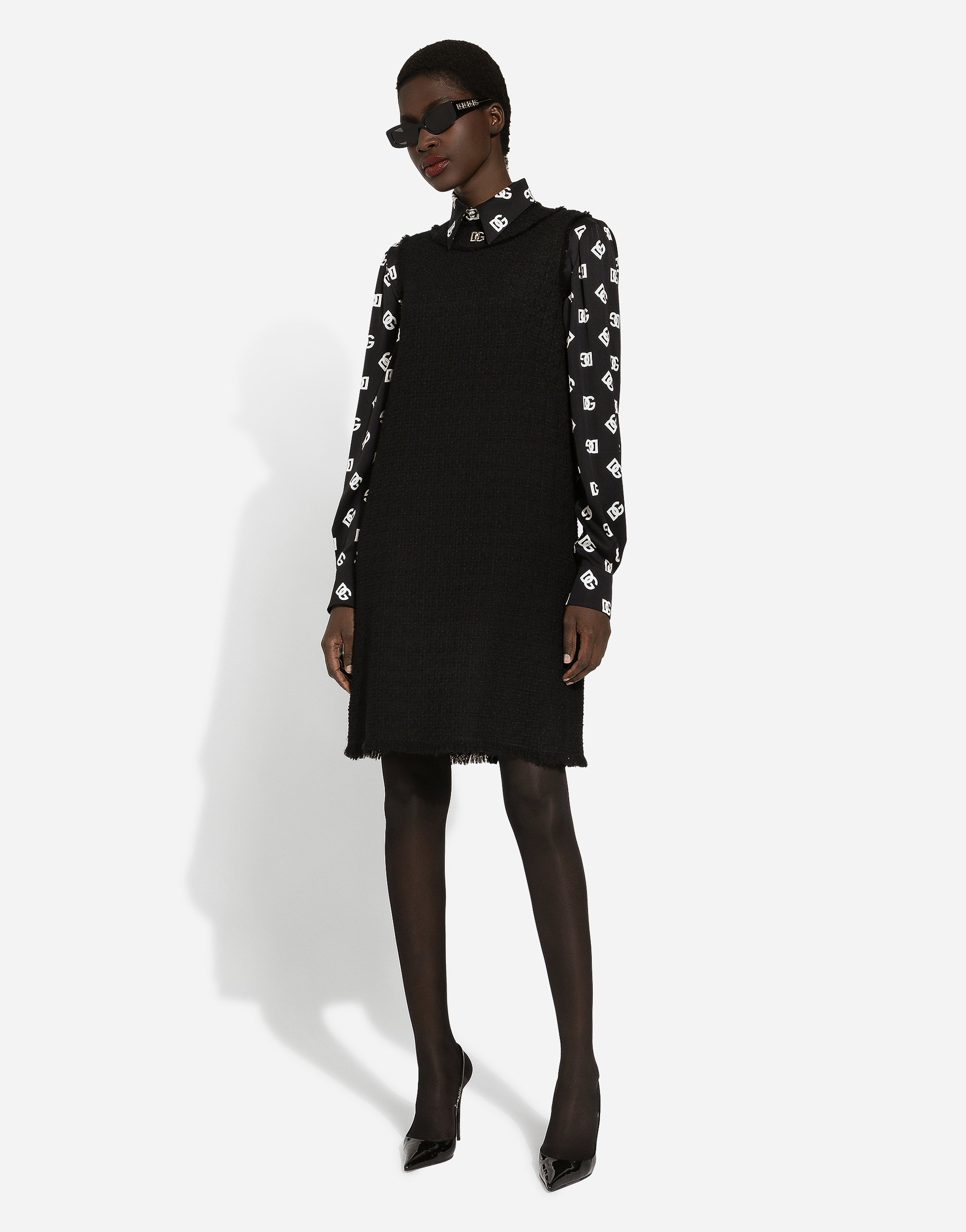 Shop Dolce & Gabbana Raschel Tweed Calf-length Dress With Dg Logo In Black