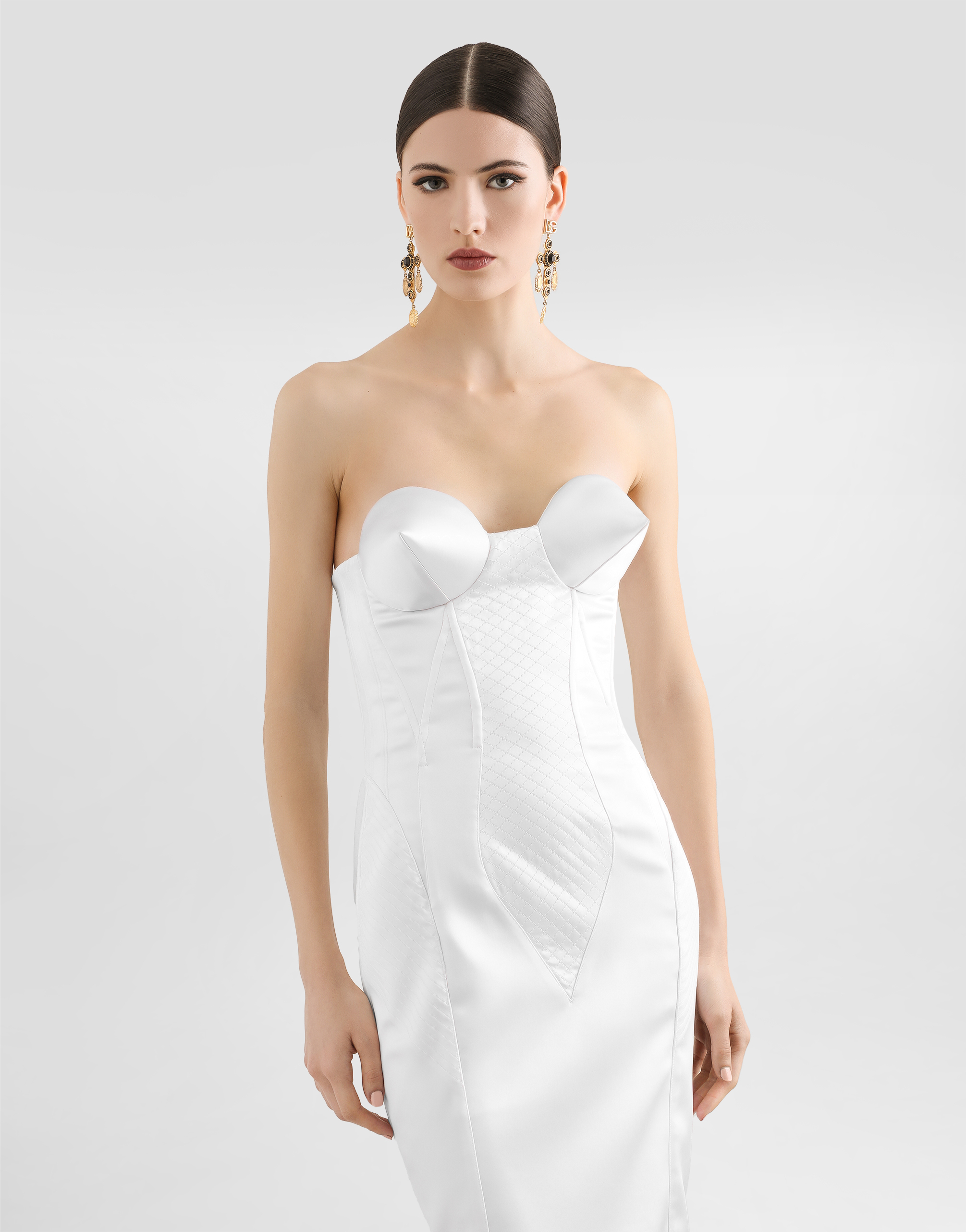Dolce & Gabbana Strapless Satin Dress With Corset Details In White