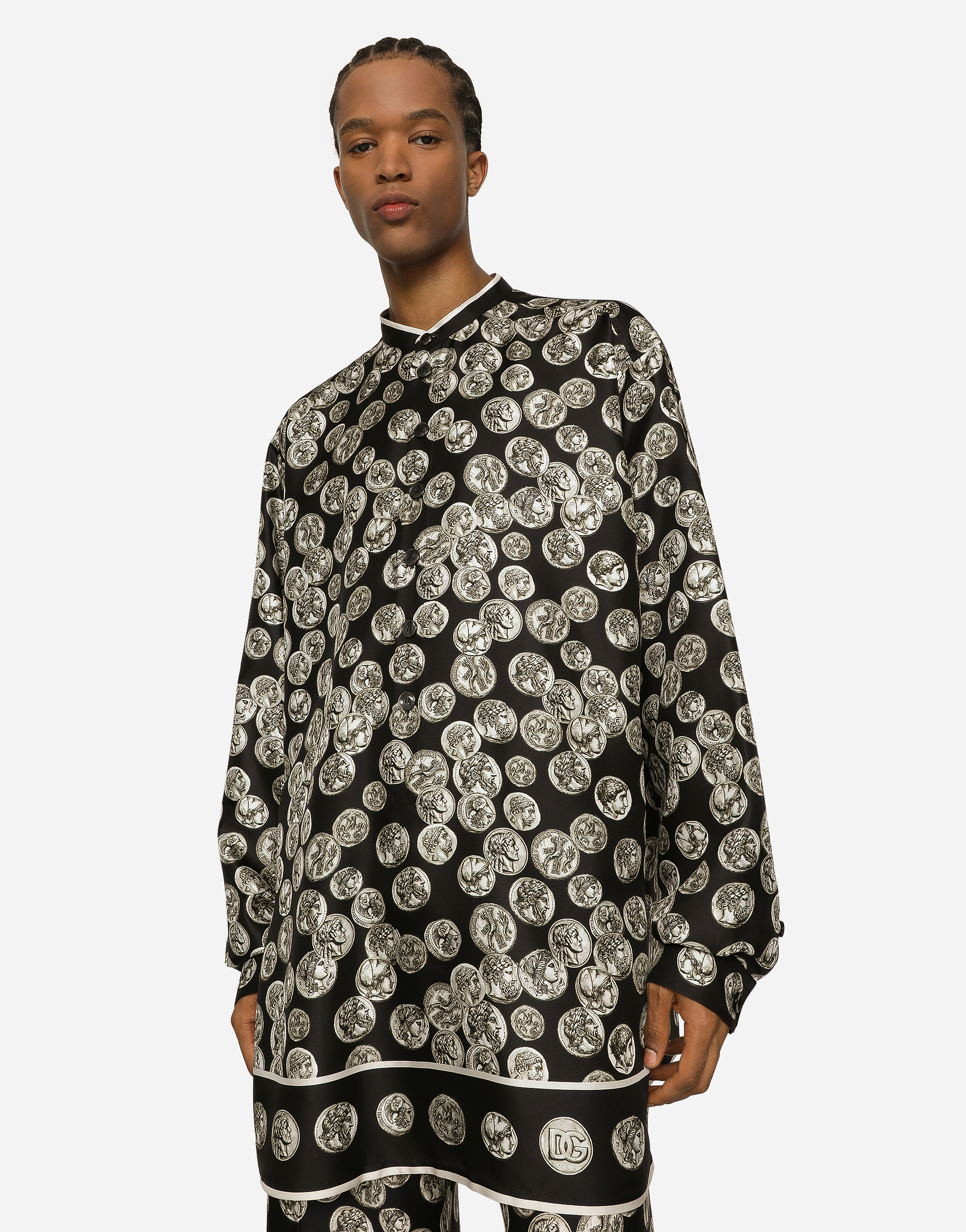 DOLCE & GABBANA COIN PRINT LONG SILK TWILL SHIRT