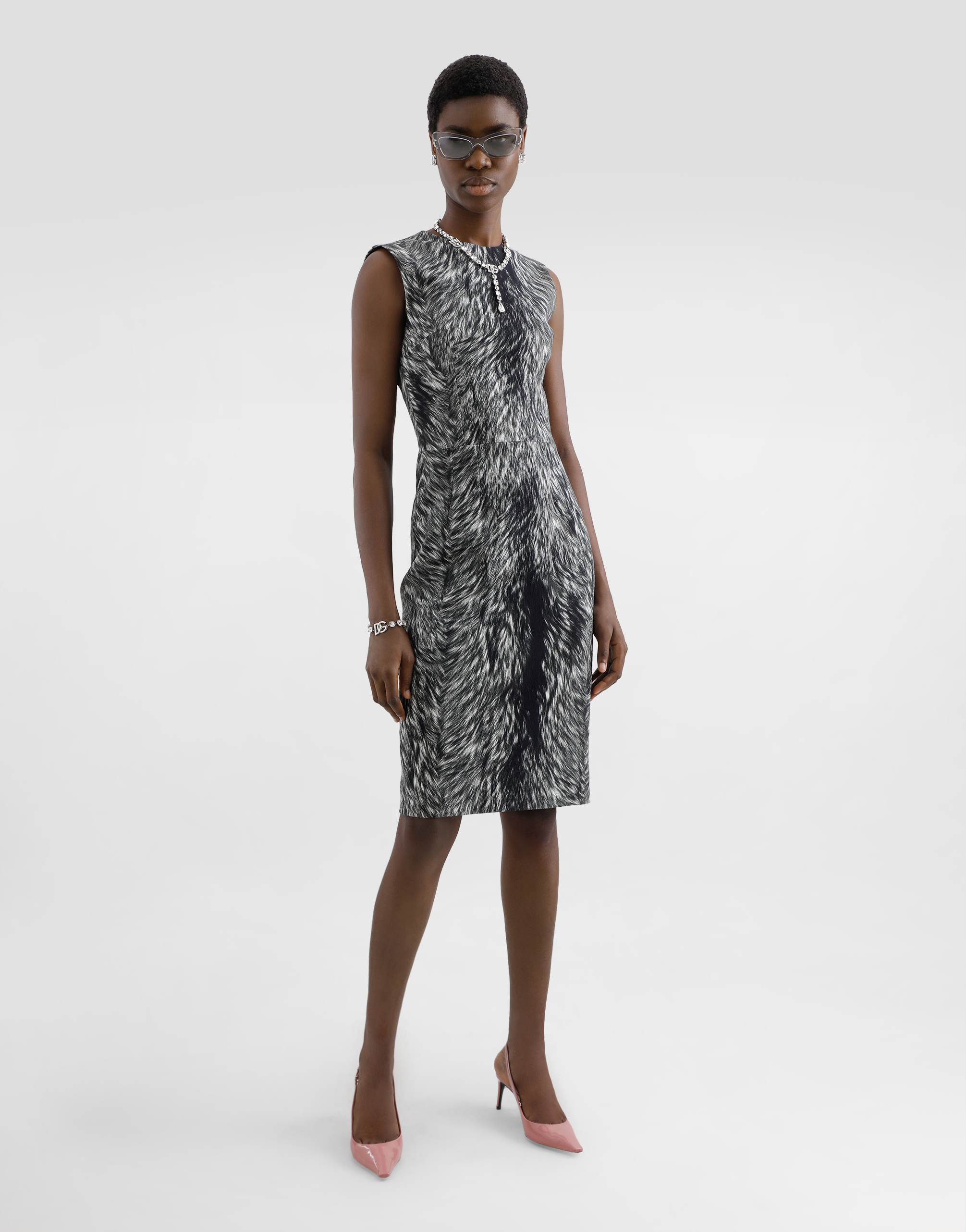 Dolce & Gabbana Cotton Jacquard Midi Dress With Fur Print In Grey