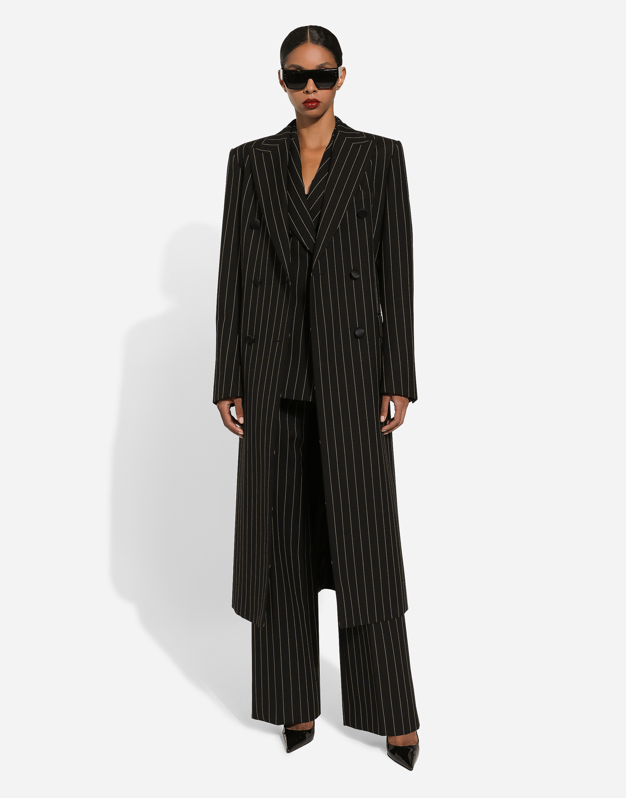 Shop Dolce & Gabbana Pinstripe Double-breasted Coat In Woolen Fabric In Multicolor