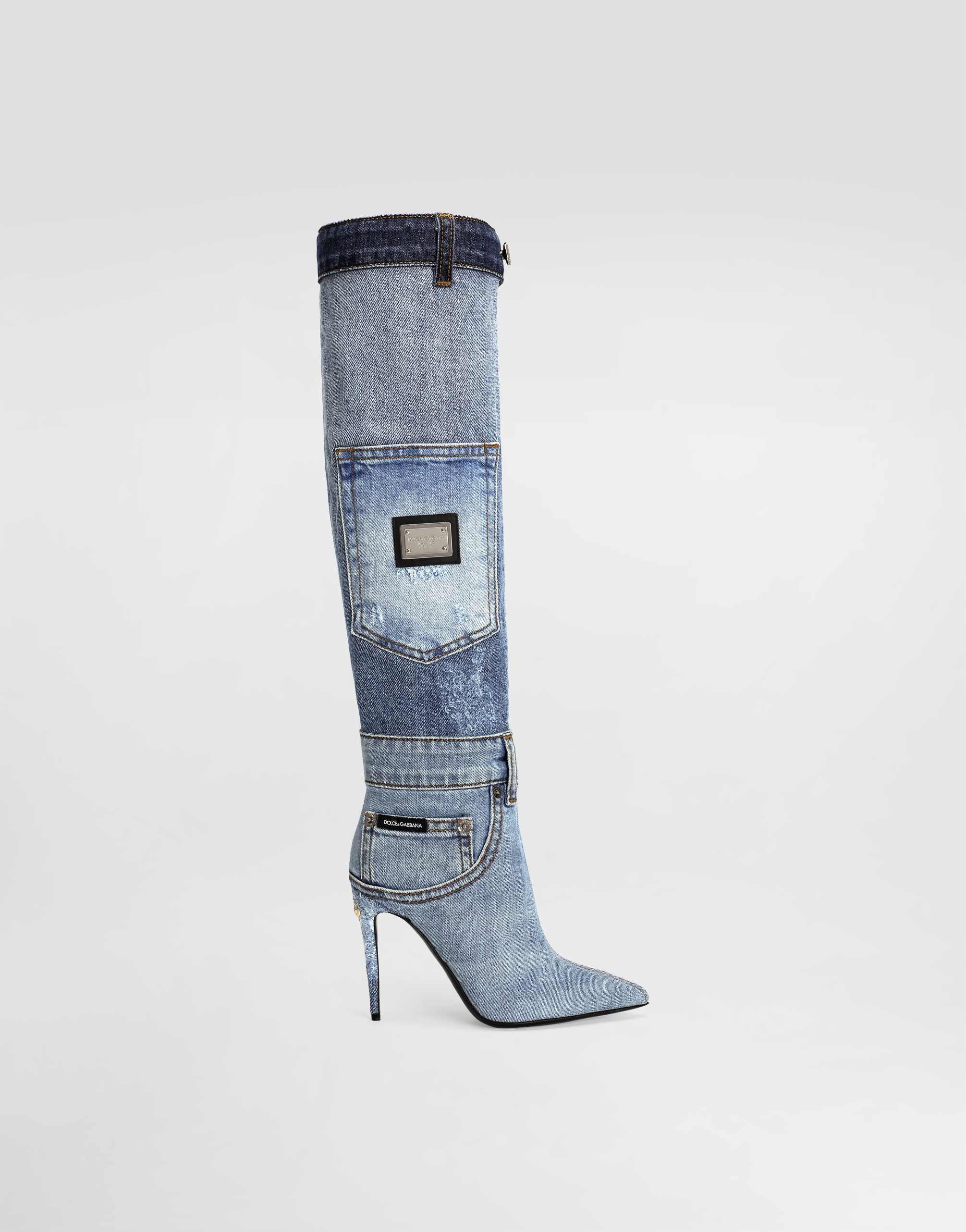 Patchwork denim boots