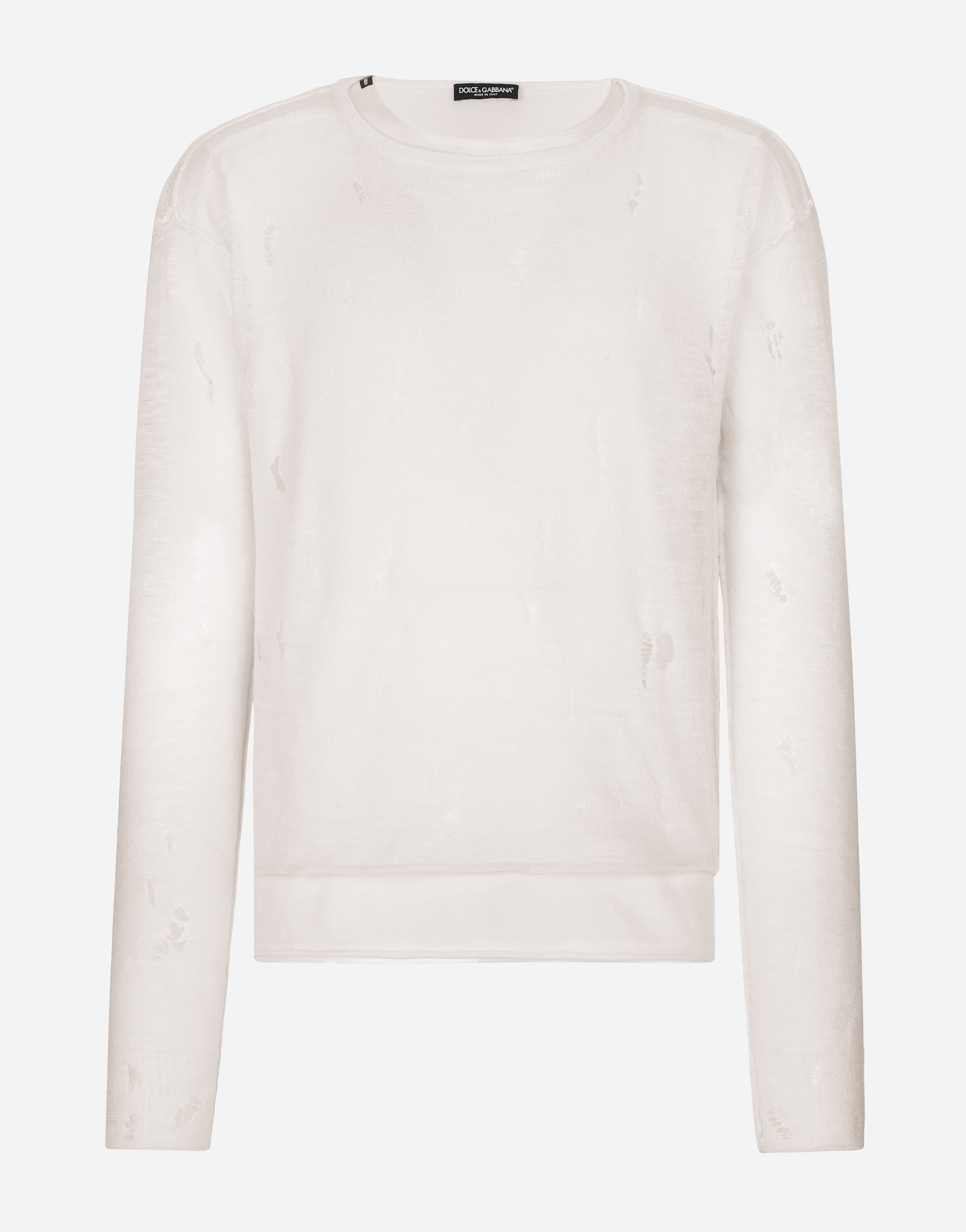 Shop Dolce & Gabbana Round-neck Technical Linen Sweater With Rips In White