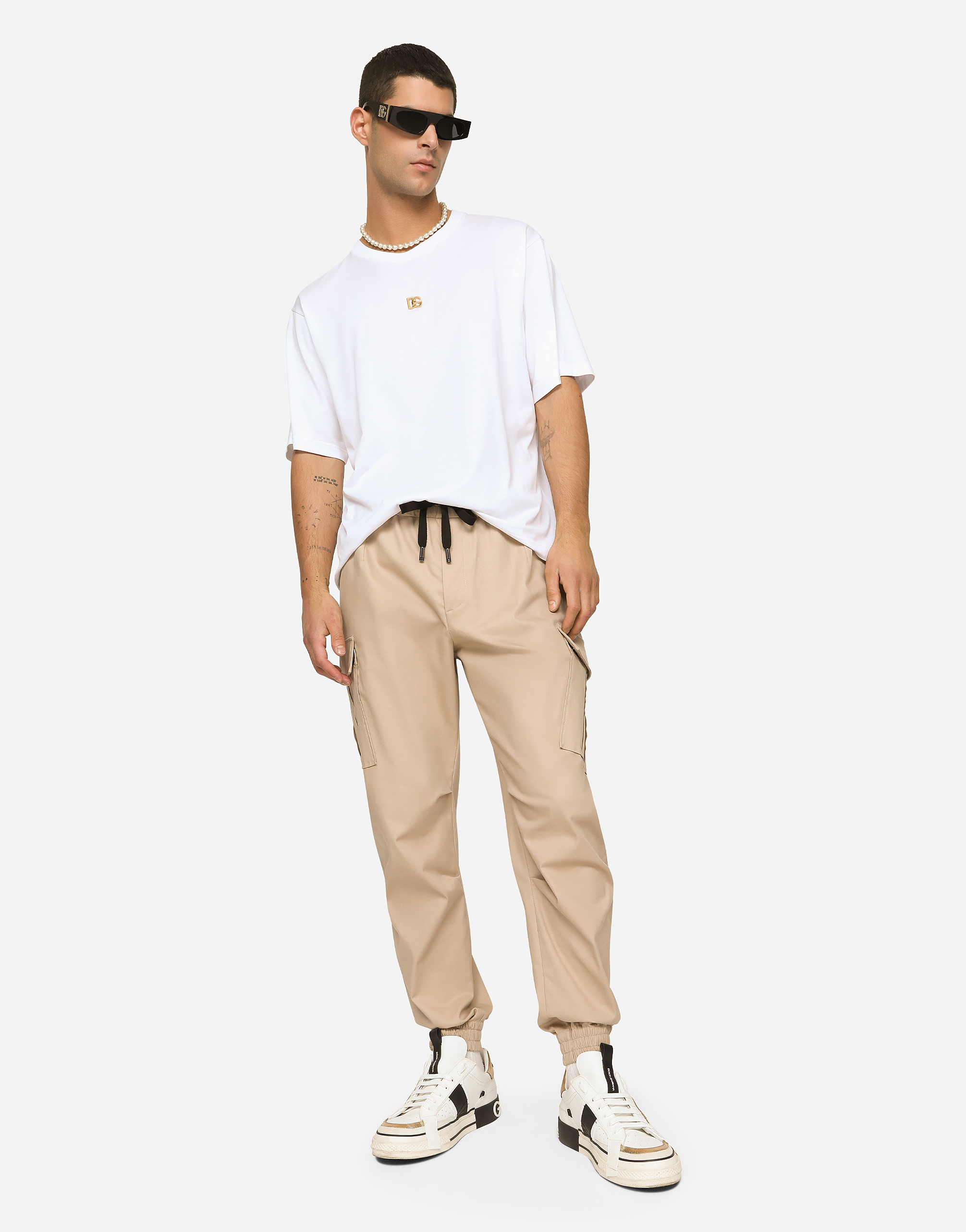 Shop Dolce & Gabbana Cotton Cargo Pants With Branded Tag In Beige