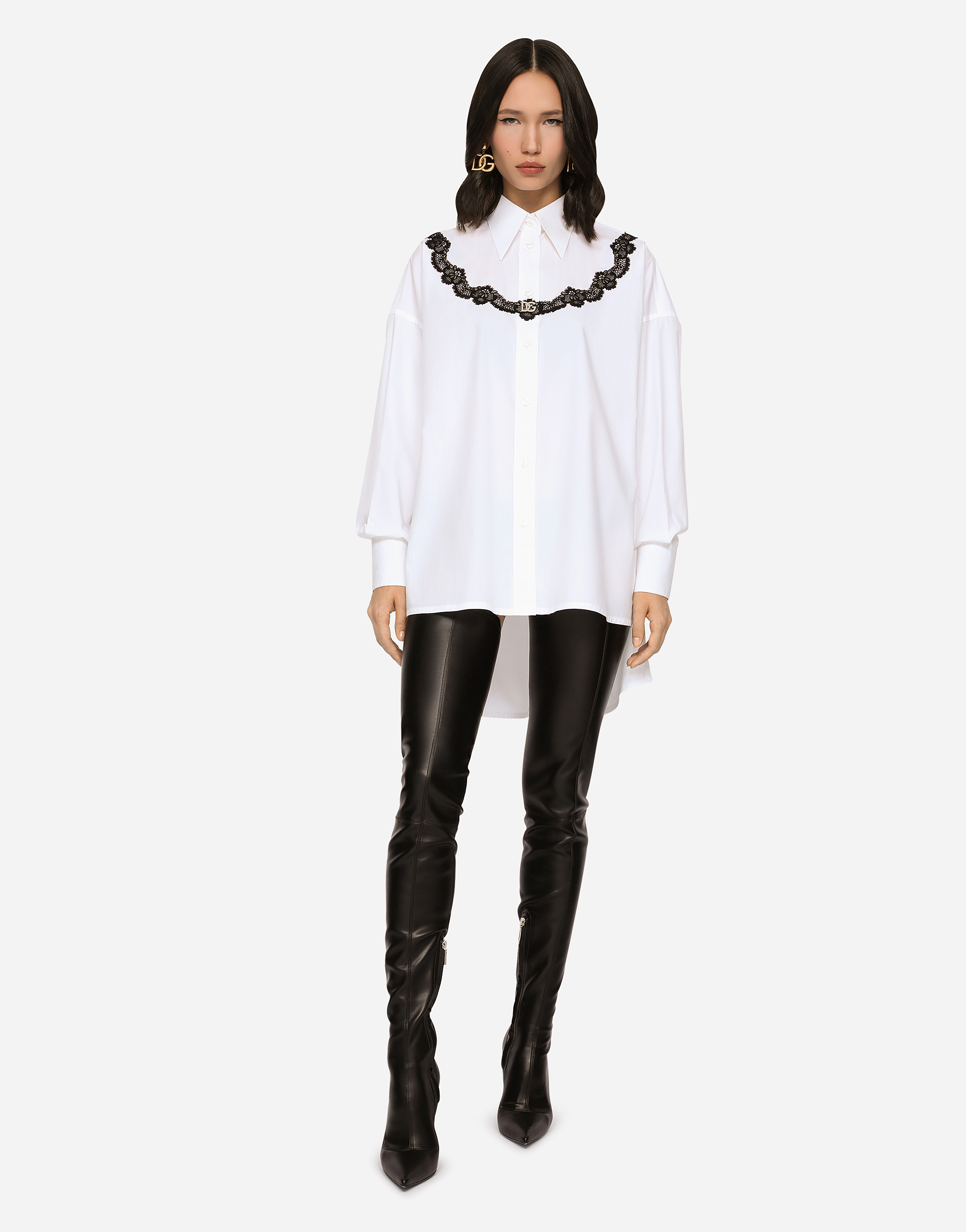Dolce & Gabbana Dolce&gabbana Oversize Lace Yoke High-low Cotton Blend Button-up Shirt In White