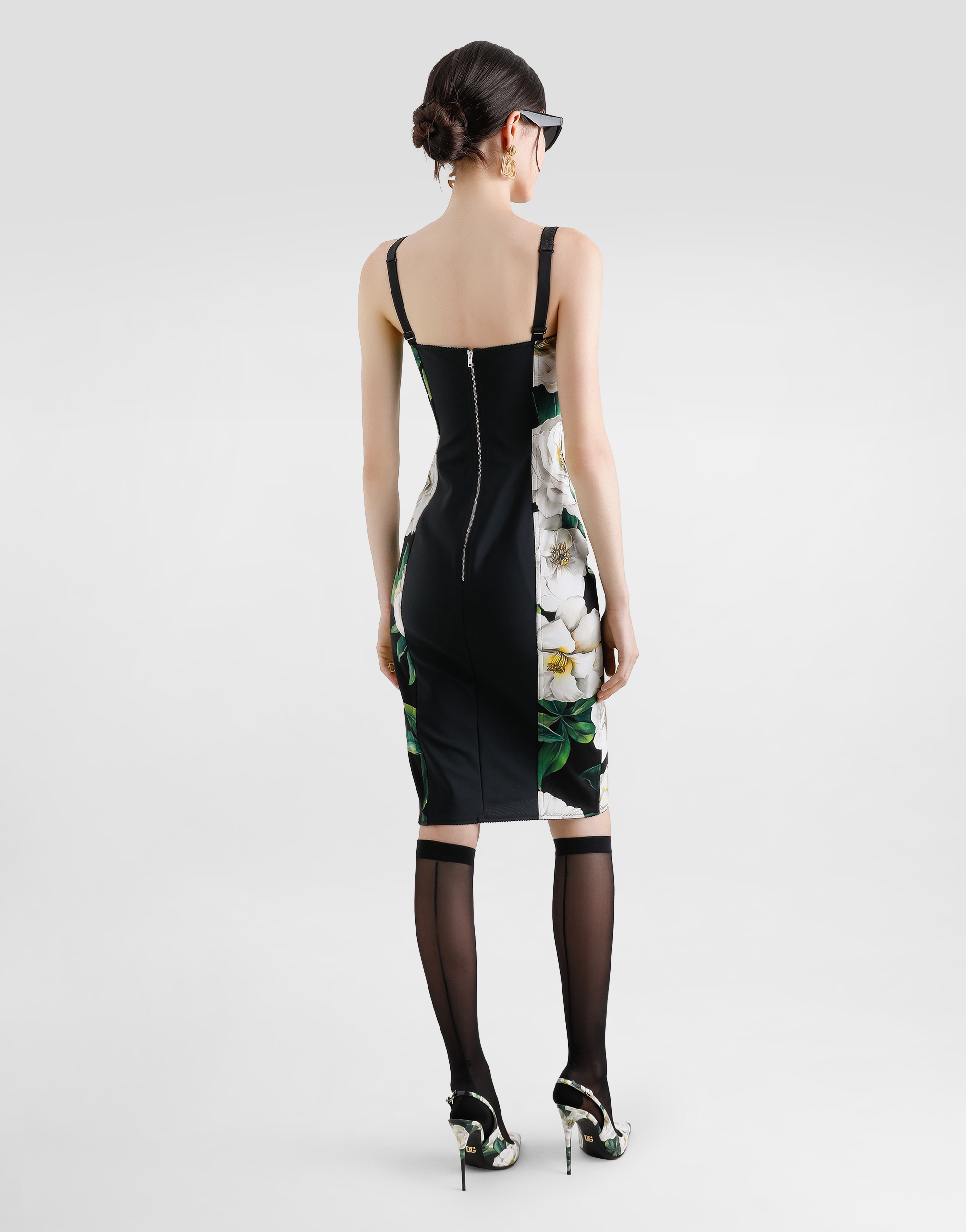 Dolce & Gabbana Black Stretch Marquisette Midi Dress In Print