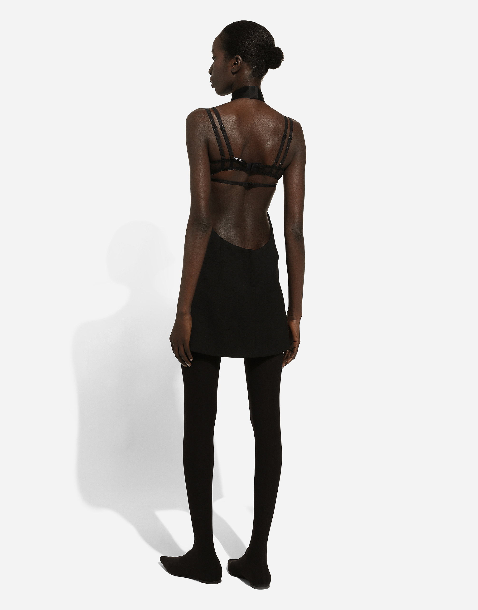 Dolce & Gabbana Black Mini Dress With Floral Detail In Wool Woman In ブラック