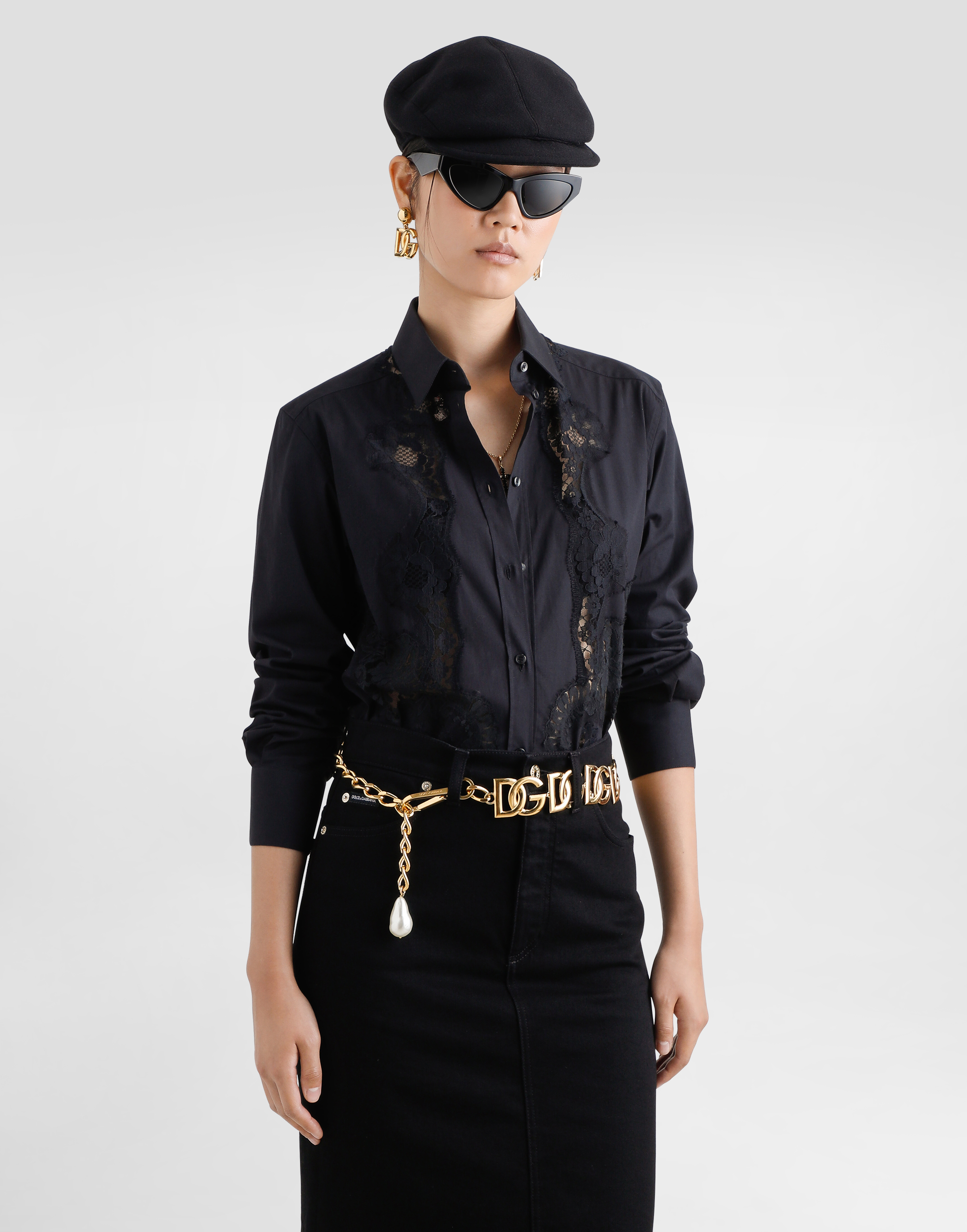 Dolce & Gabbana Cotton Poplin Shirt With Lace Inlay In Black
