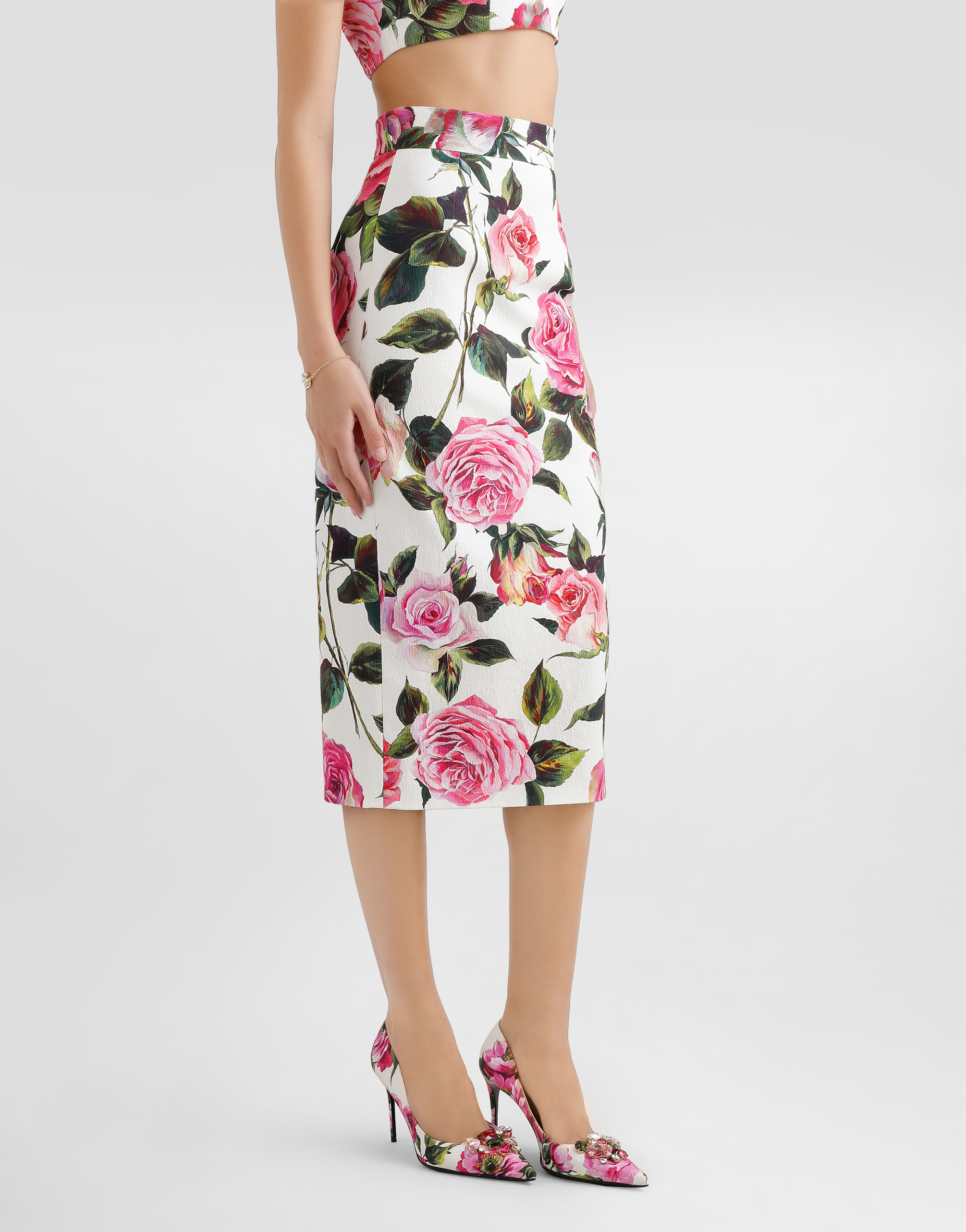 DOLCE & GABBANA ROSE-PRINT COTTON JACQUARD CALF-LENGTH SKIRT 