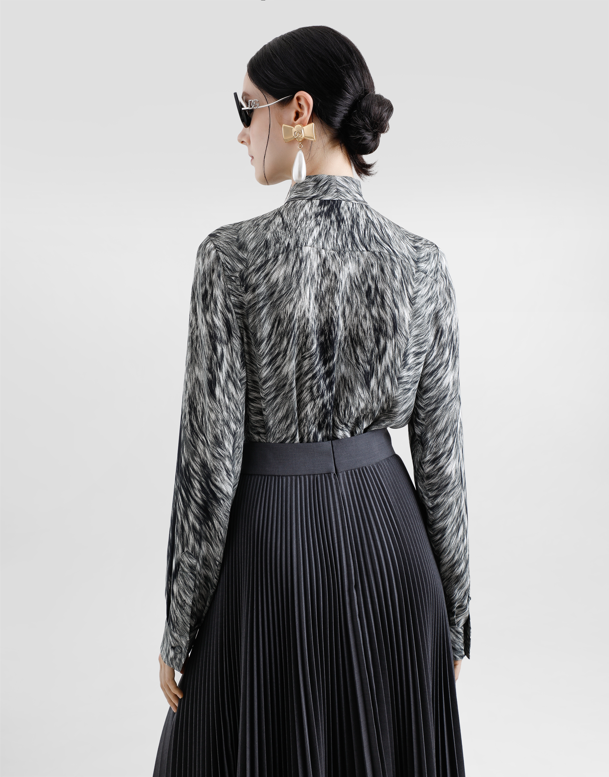 Fur-print charmeuse shirt with pussy-bow