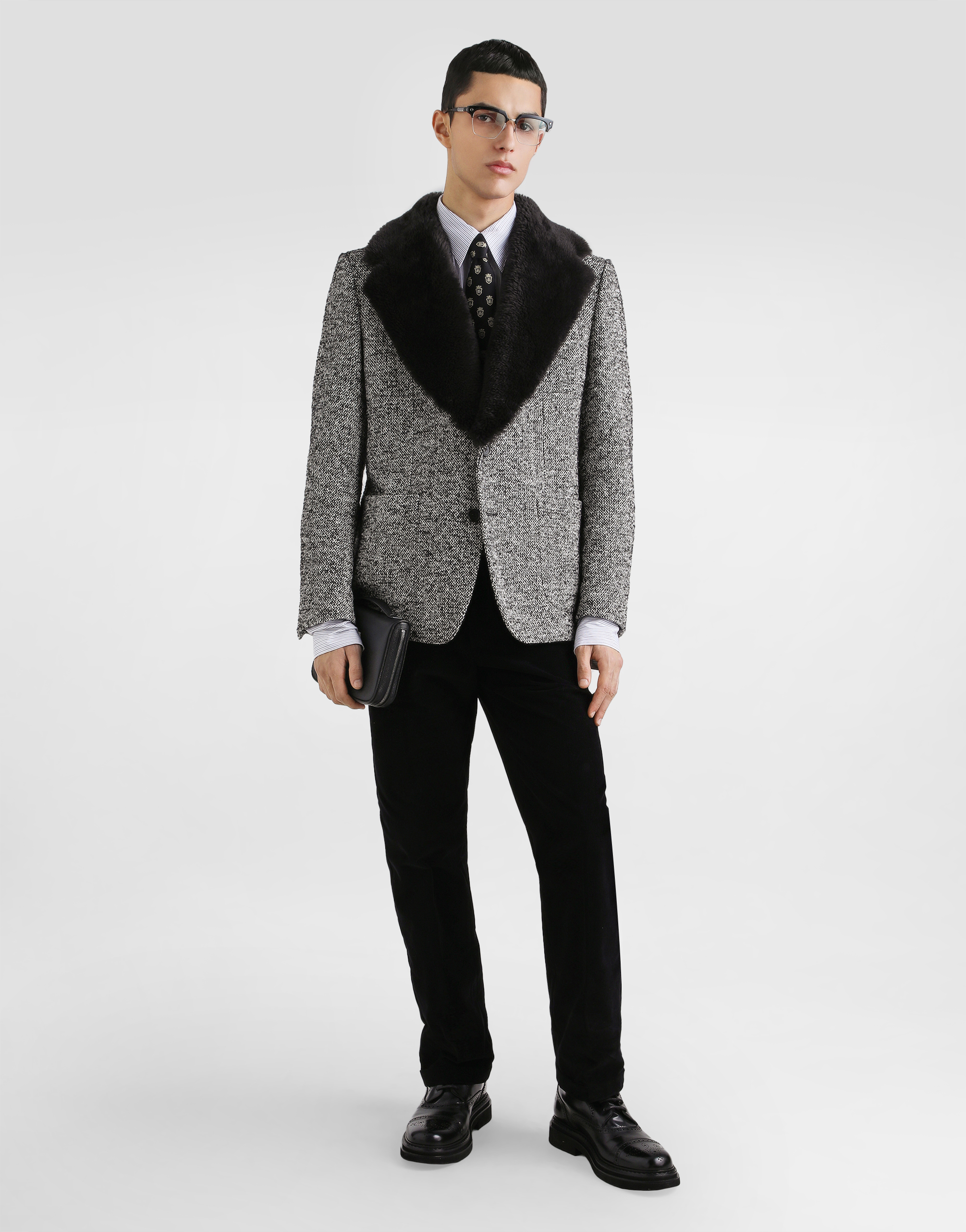 Dolce & Gabbana Single-breasted Dotted Wool Jacket With Fur Collar In Gray
