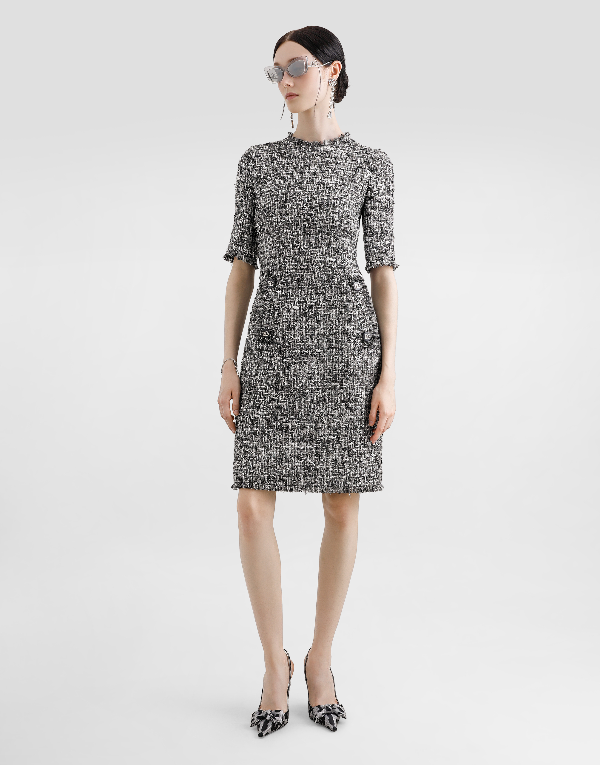 DOLCE & GABBANA RASCHEL TWEED MIDI DRESS WITH SHORT SLEEVES