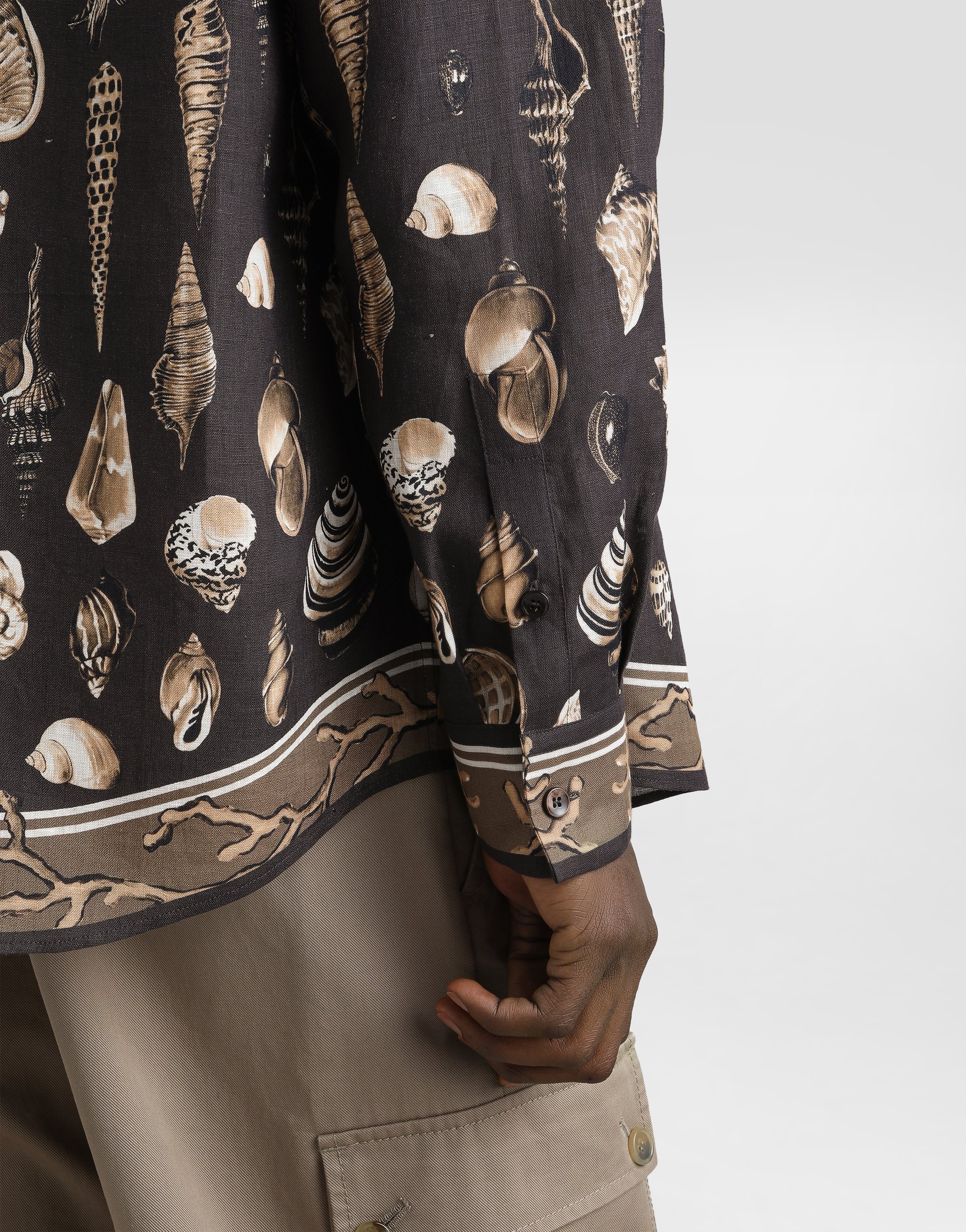 Shell-print oversized linen canvas shirt