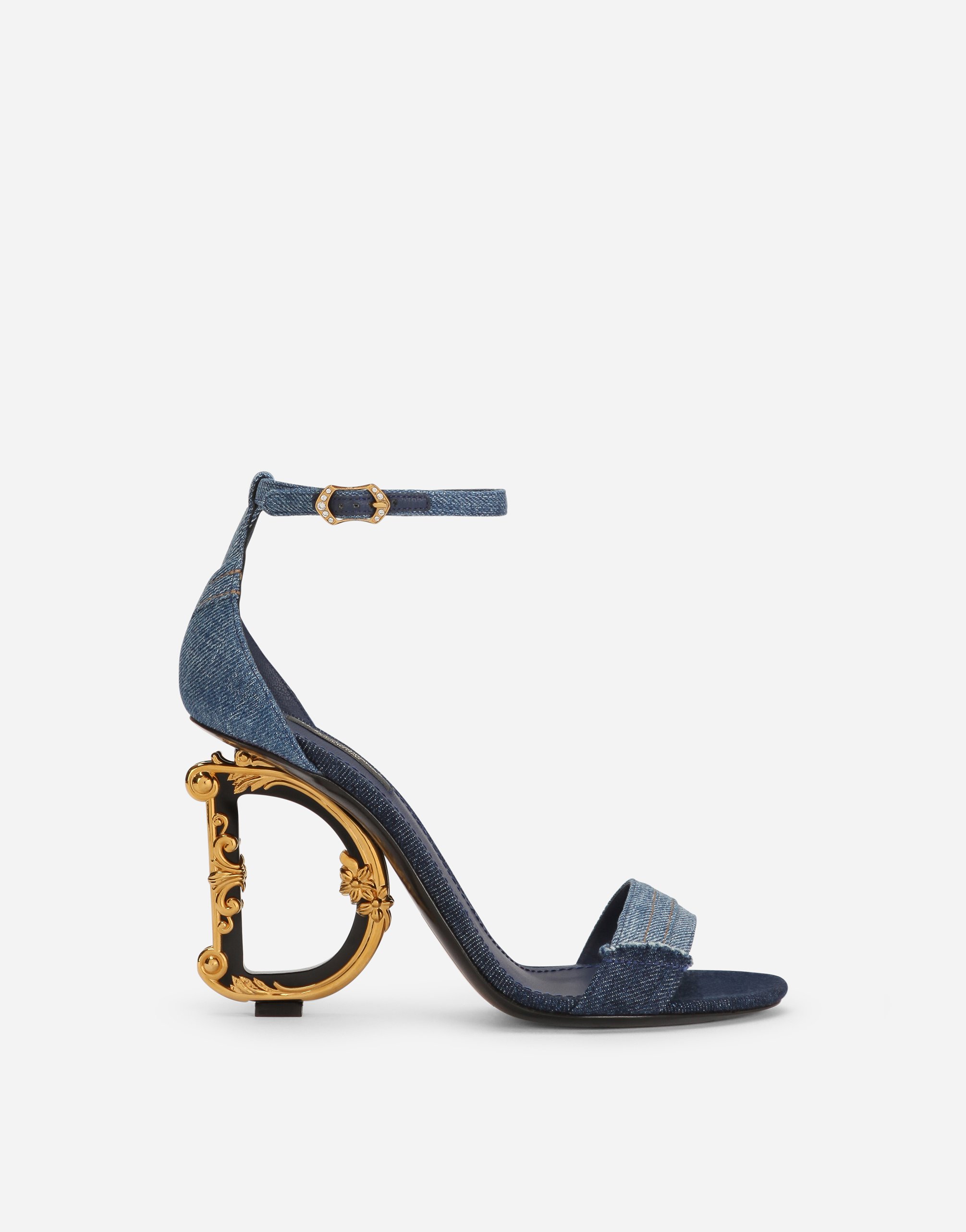 Dolce & Gabbana Patchwork Denim Sandals With Baroque Dg Heel In 8m800 Denim