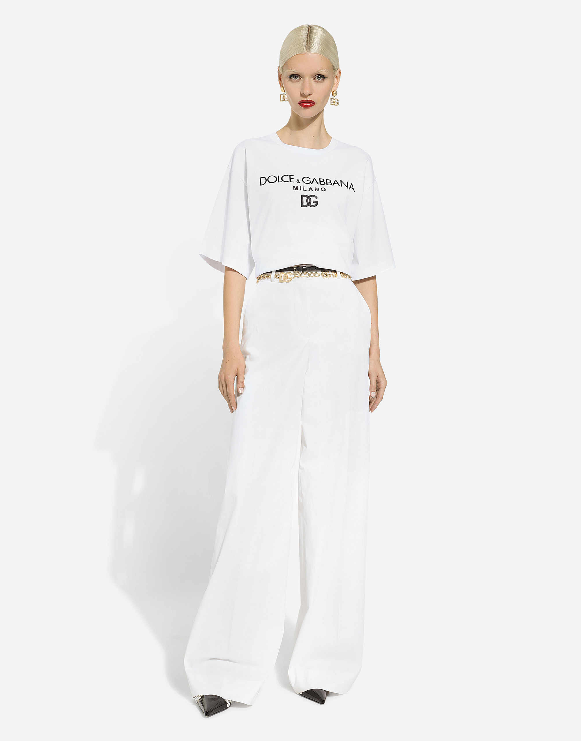 Shop Dolce & Gabbana Flared Cotton Gabardine Pants In ホワイト