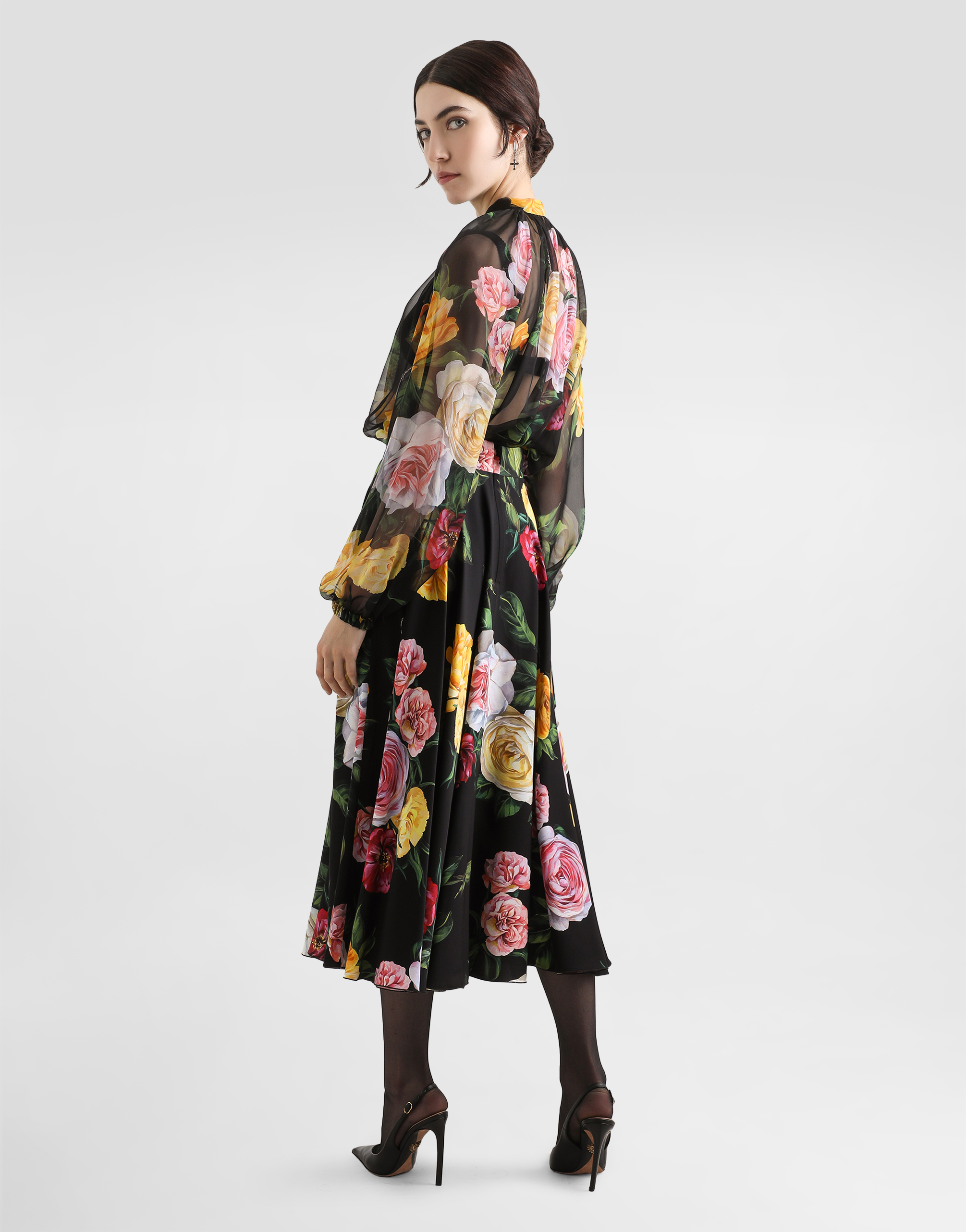 Dolce & Gabbana Peony And Rose-print Charmeuse Calf-length Circle Skirt In Print