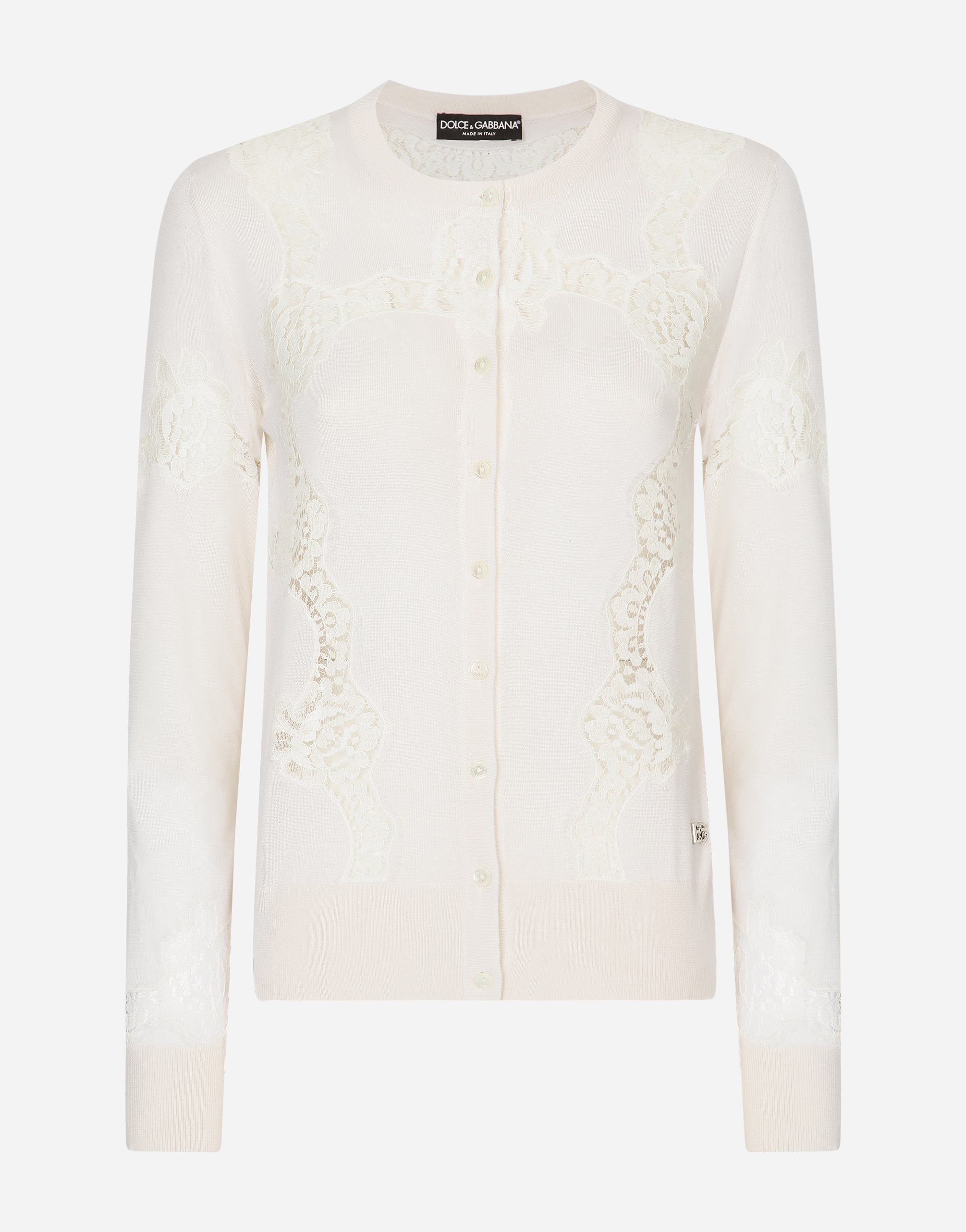 Dolce & Gabbana Cashmere And Silk Cardigan With Lace Inlay - Woman Sweaters And Cardigans White