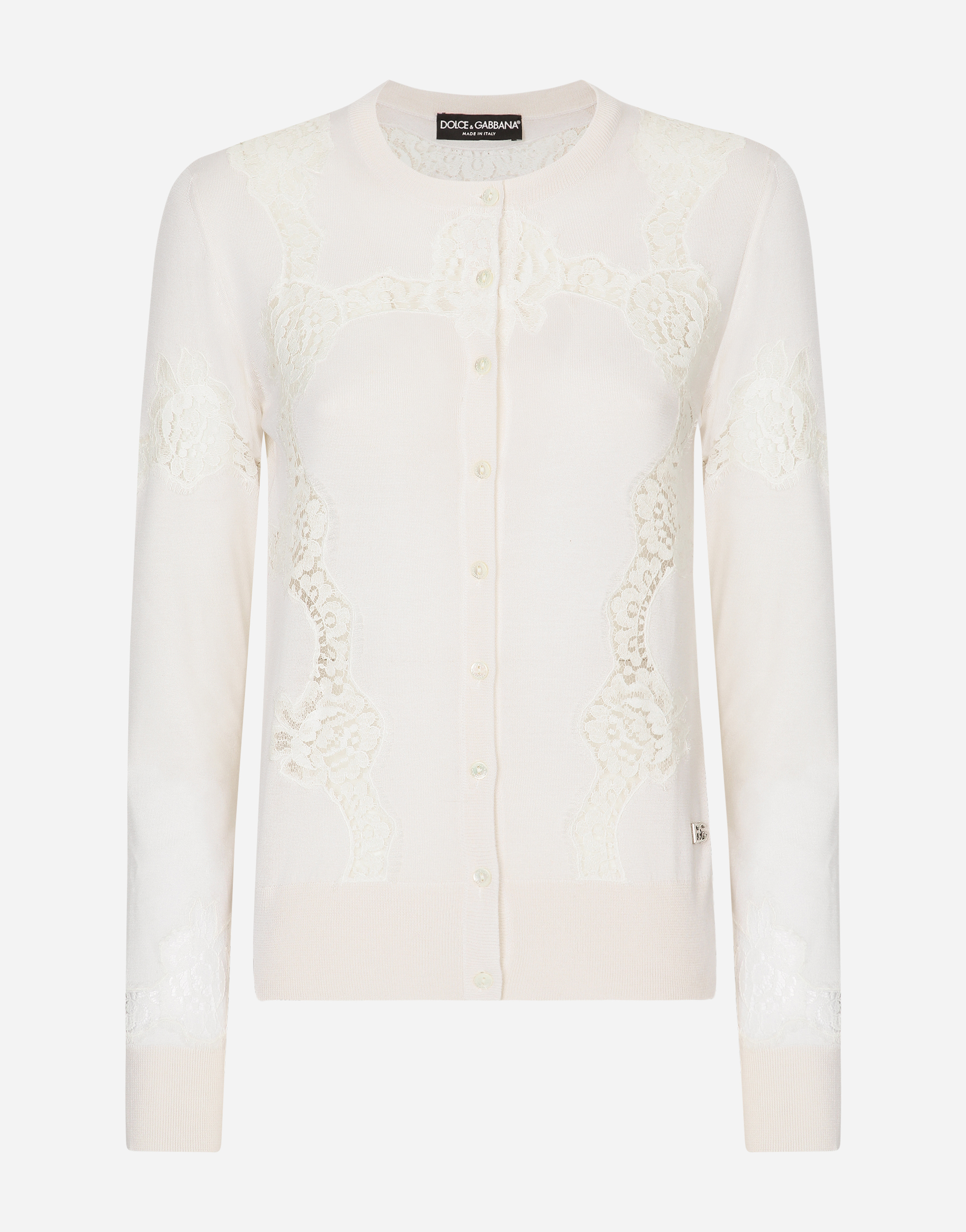 Dolce & Gabbana Cashmere And Silk Cardigan With Lace Inlay In White