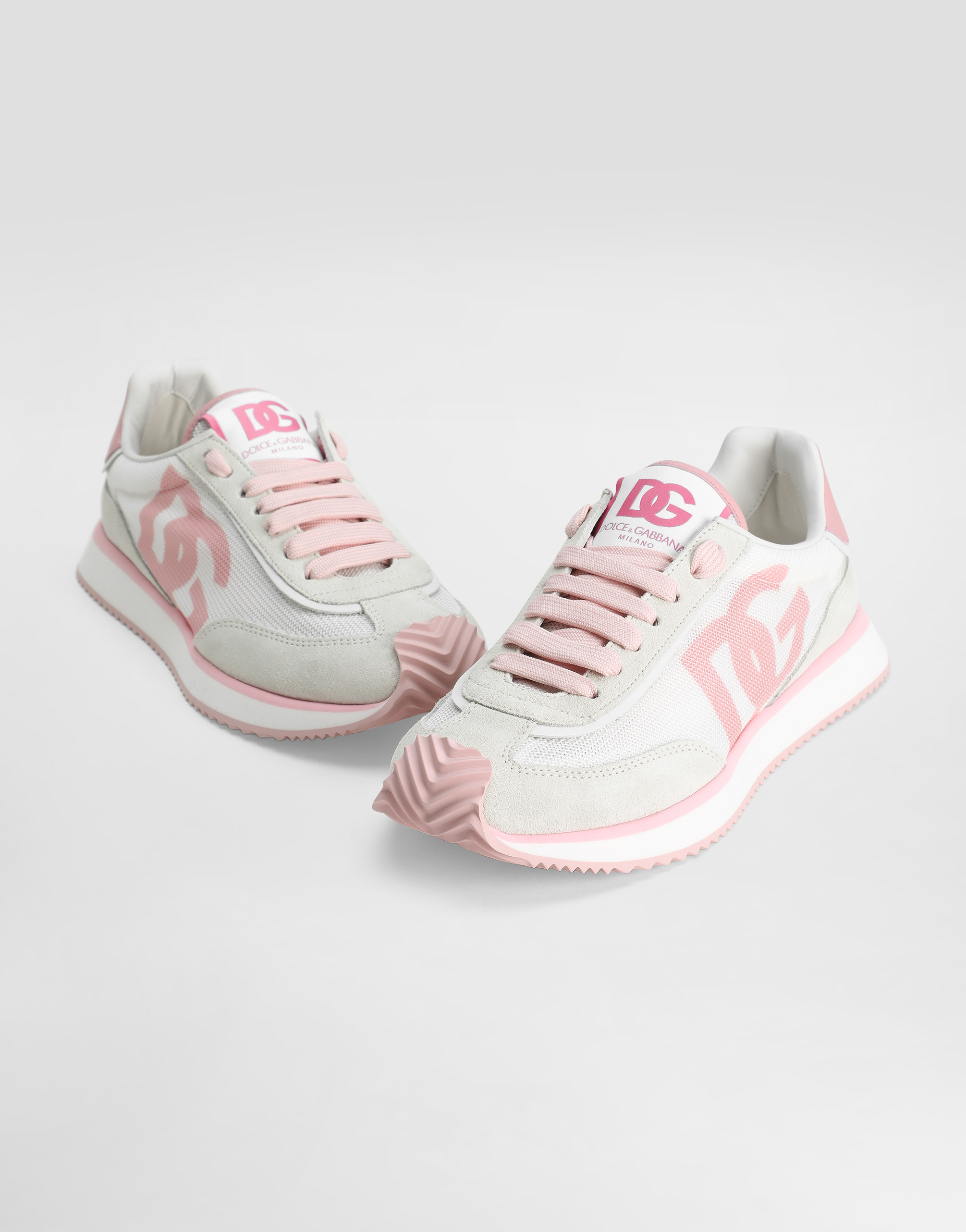 Dolce & Gabbana 'aria' Pink Running Sneakers With Logo Detail In Suede And Tech Fabric Woman In Bianco/rosa