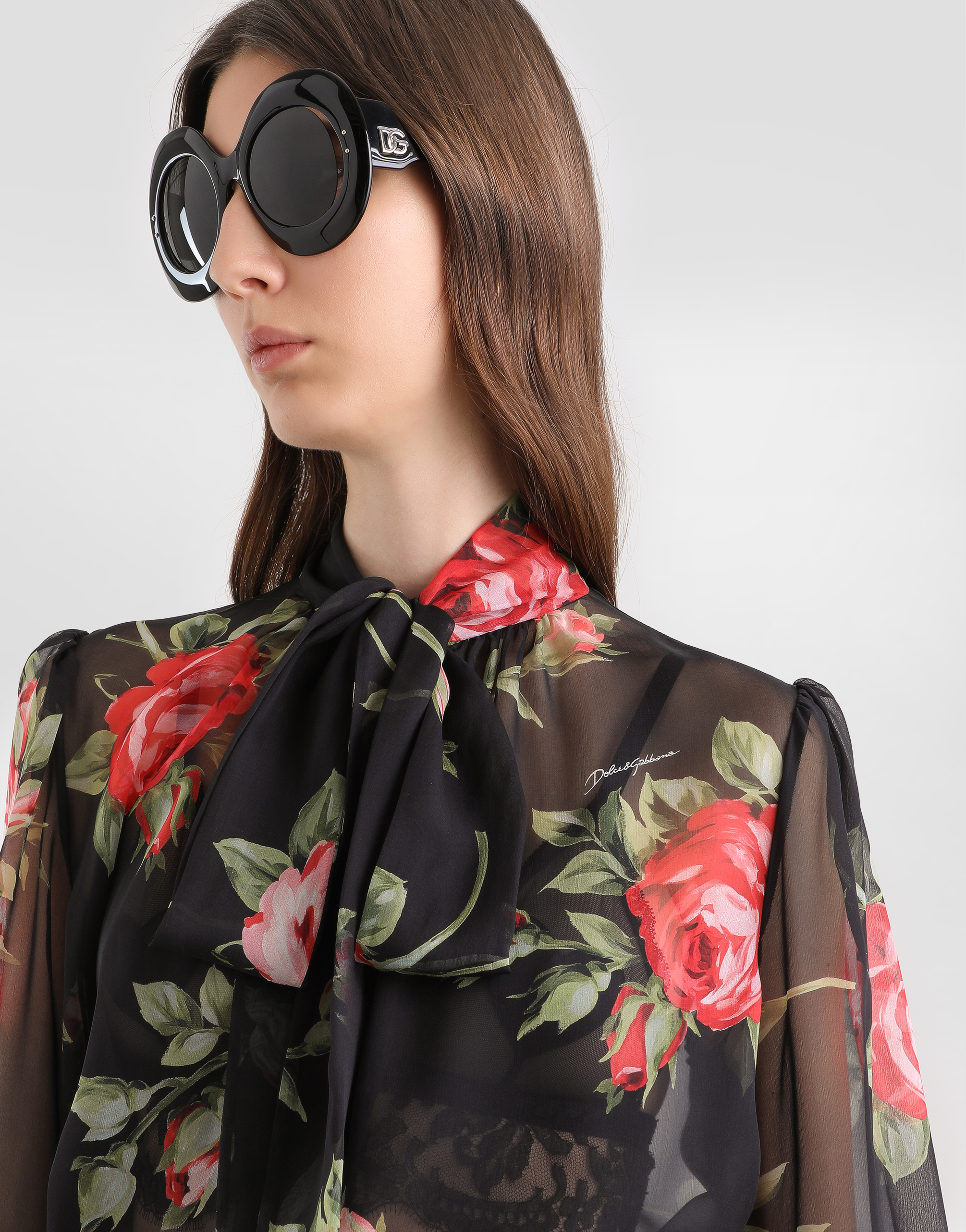 Dolce & Gabbana Rose Bouquet-print Chiffon Top In Black