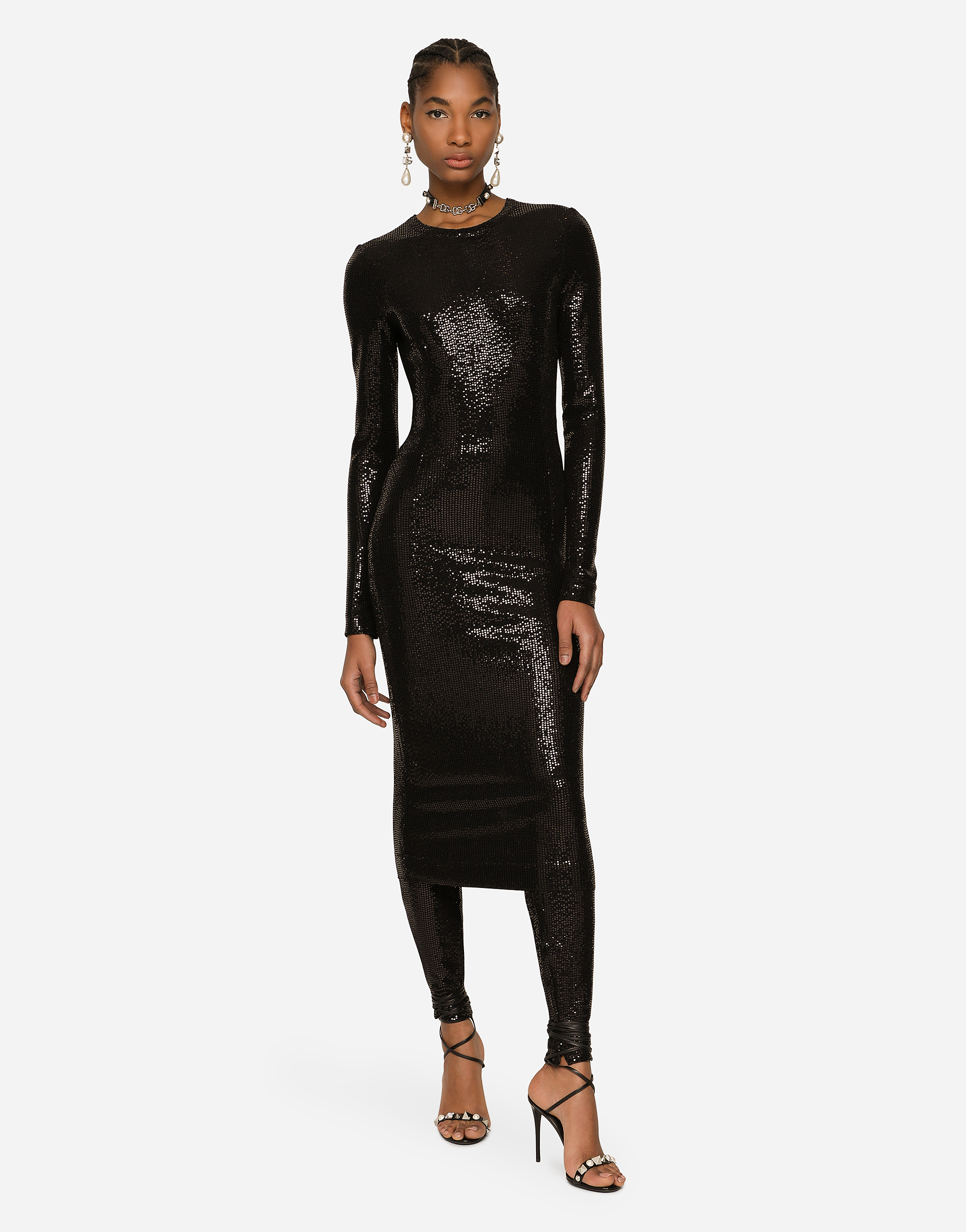 Shop Dolce & Gabbana Jersey Midi Dress With Sequins In Black