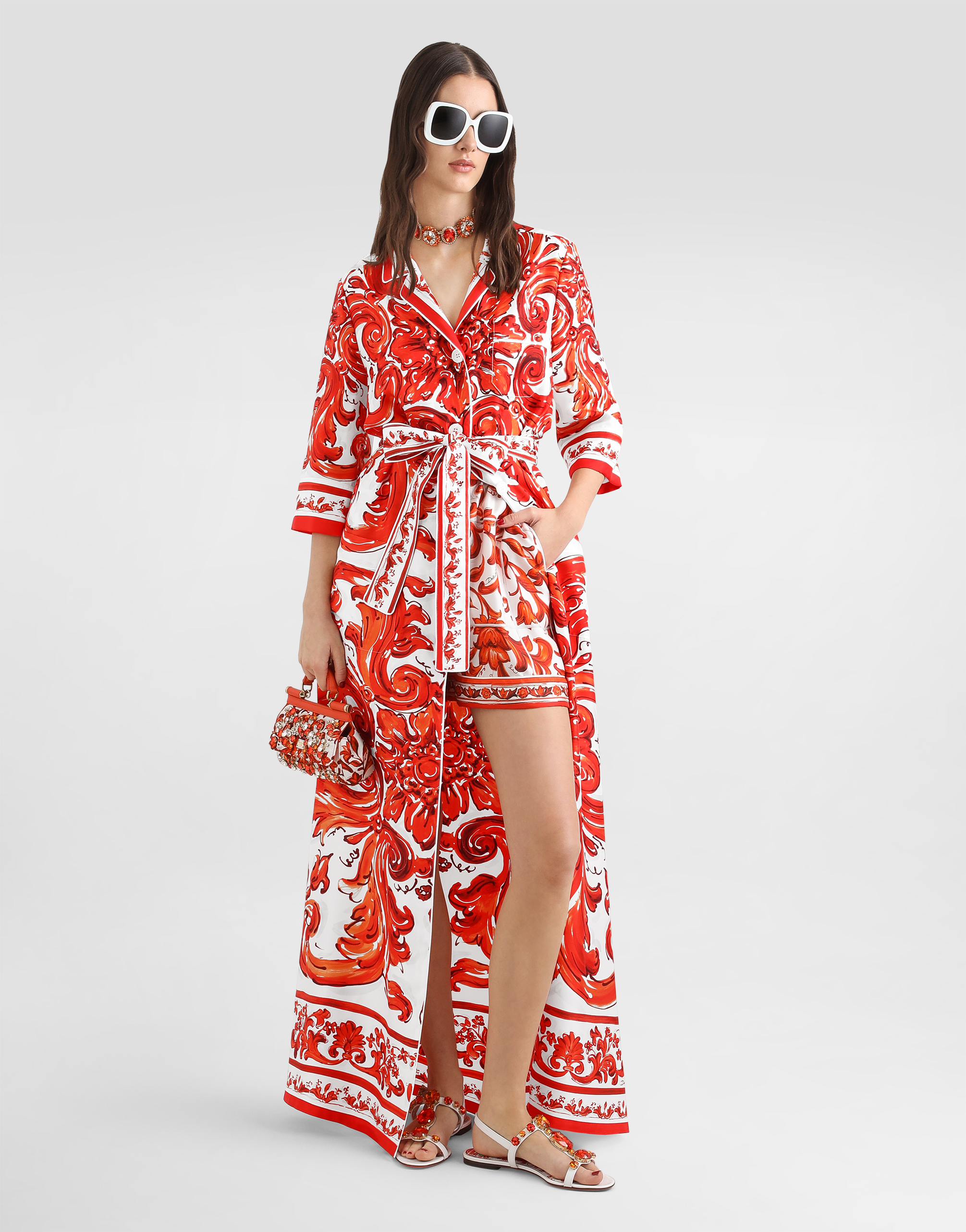  Dolce & Gabbana Abrigo Estilo Bata En Seda Con Estampado De Mayólica - Mujer Abrigos Y Chaquetones Multicolor 38 